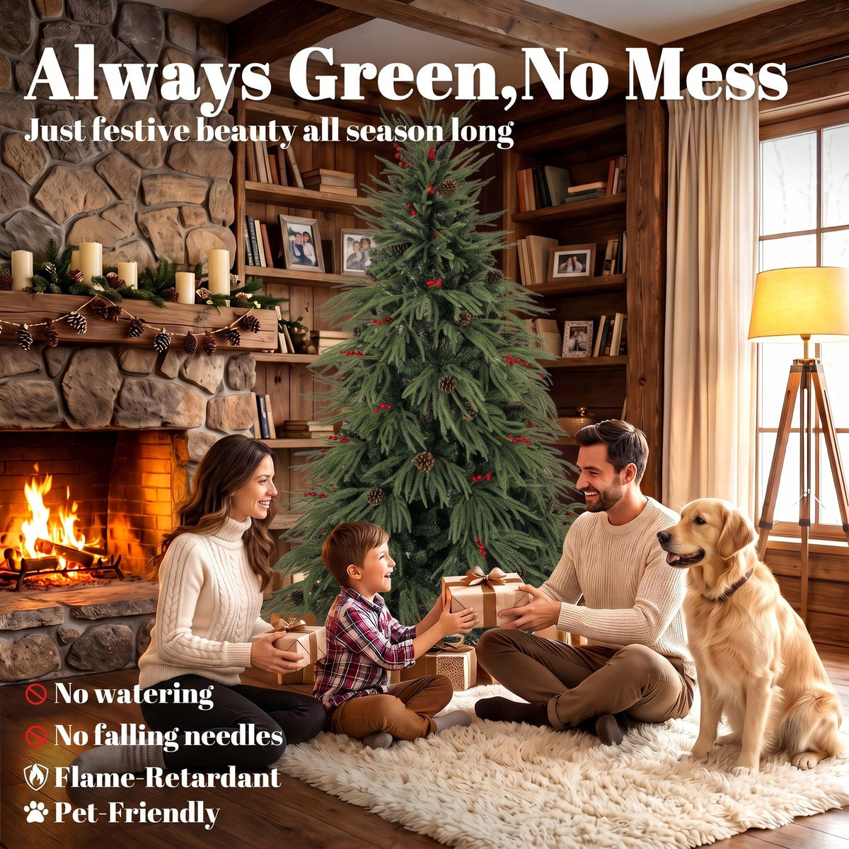 6ft Artificial Christmas Tree with Pinecones, Red Berries, Hinged Predecorated Xmas Tree with 2843 Branch Tips, Foldable Metal Base for Home Office Holiday Decoration, Green