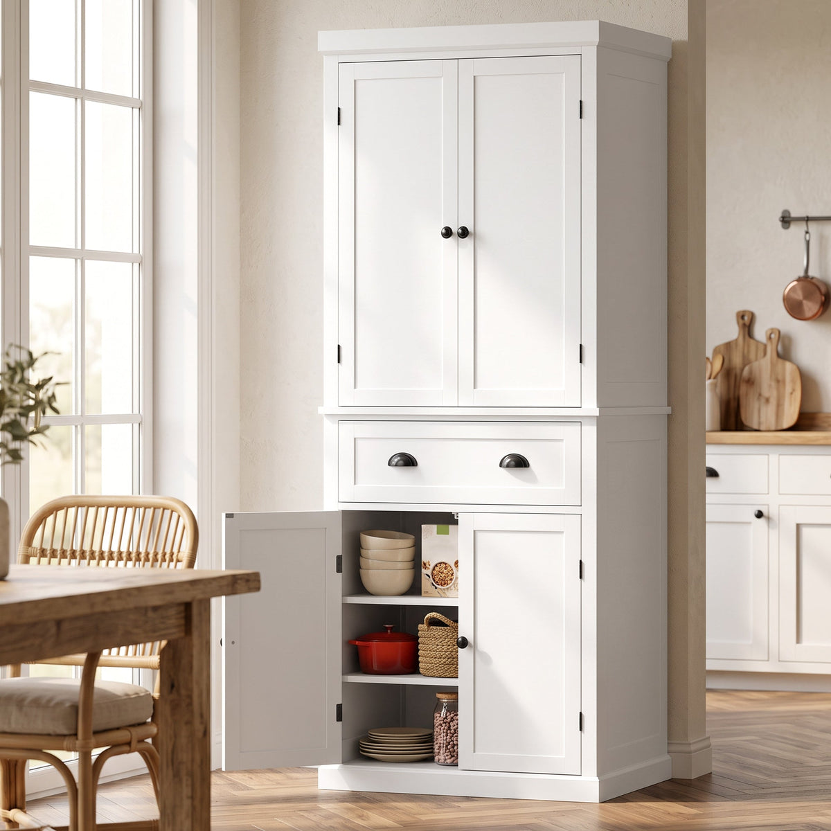 Tall Kitchen Cupboard, 183 cm Freestanding Storage Cabinet with Drawer, 4 Doors and Adjustable Shelves, Kitchen Pantry Cupboard for Living Room, Dining Room, White
