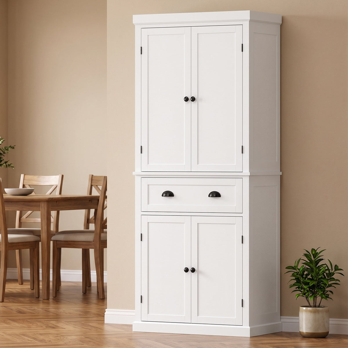 Tall Kitchen Cupboard, 183 cm Freestanding Storage Cabinet with Drawer, 4 Doors and Adjustable Shelves, Kitchen Pantry Cupboard for Living Room, Dining Room, White