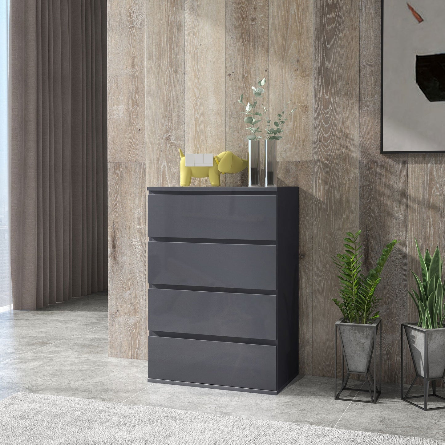 HOMCOM High Gloss Chest of Drawers, 4 Drawers Dresser, Modern Storage Drawer Unit with Soft Closing Mechanism for Bedroom, Grey