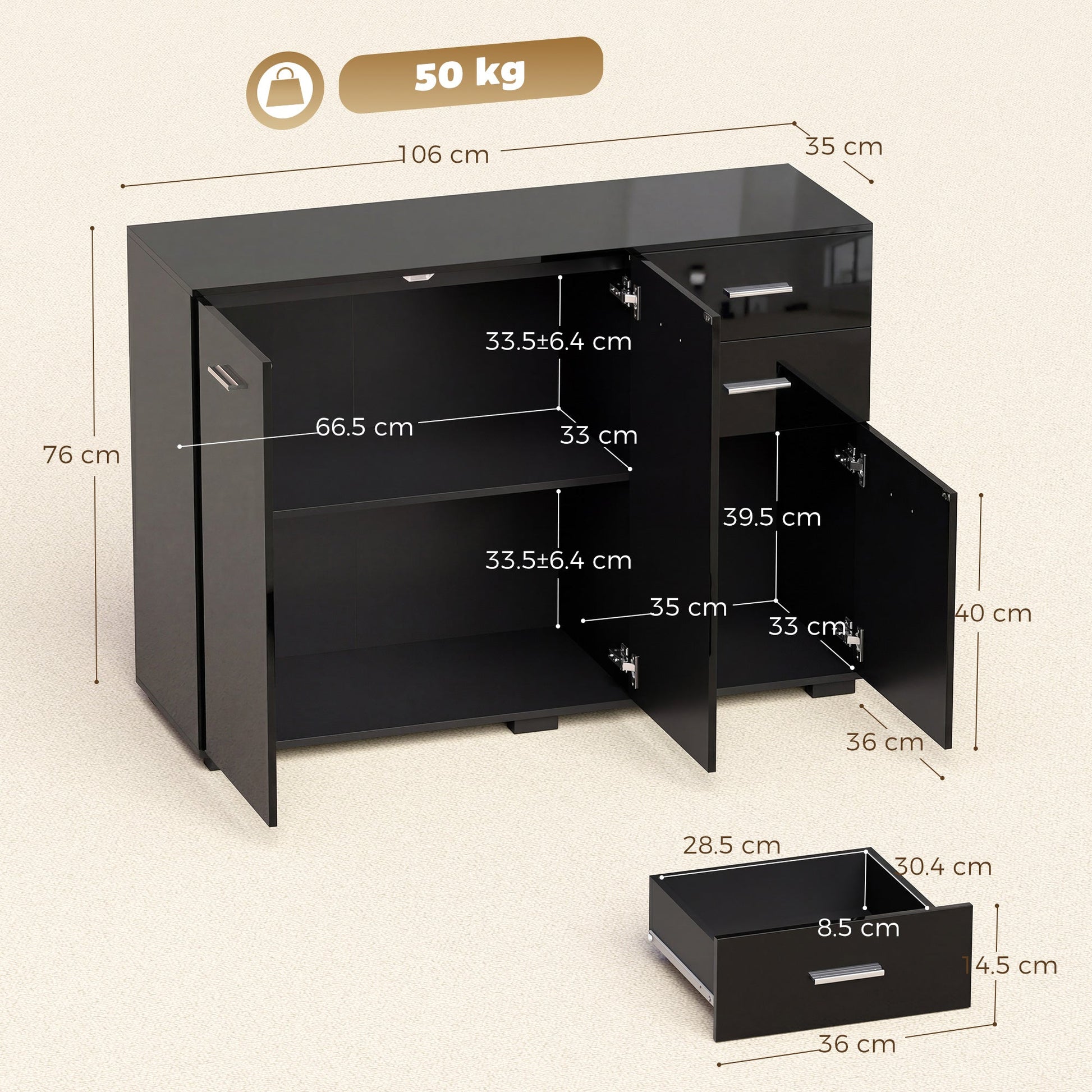 Sideboard, Modern Storage Cabinet with 2 Drawers, 3 Doors and Adjustable Shelves, Kitchen Cabinet for Living Room, Dining Room, High Gloss Black