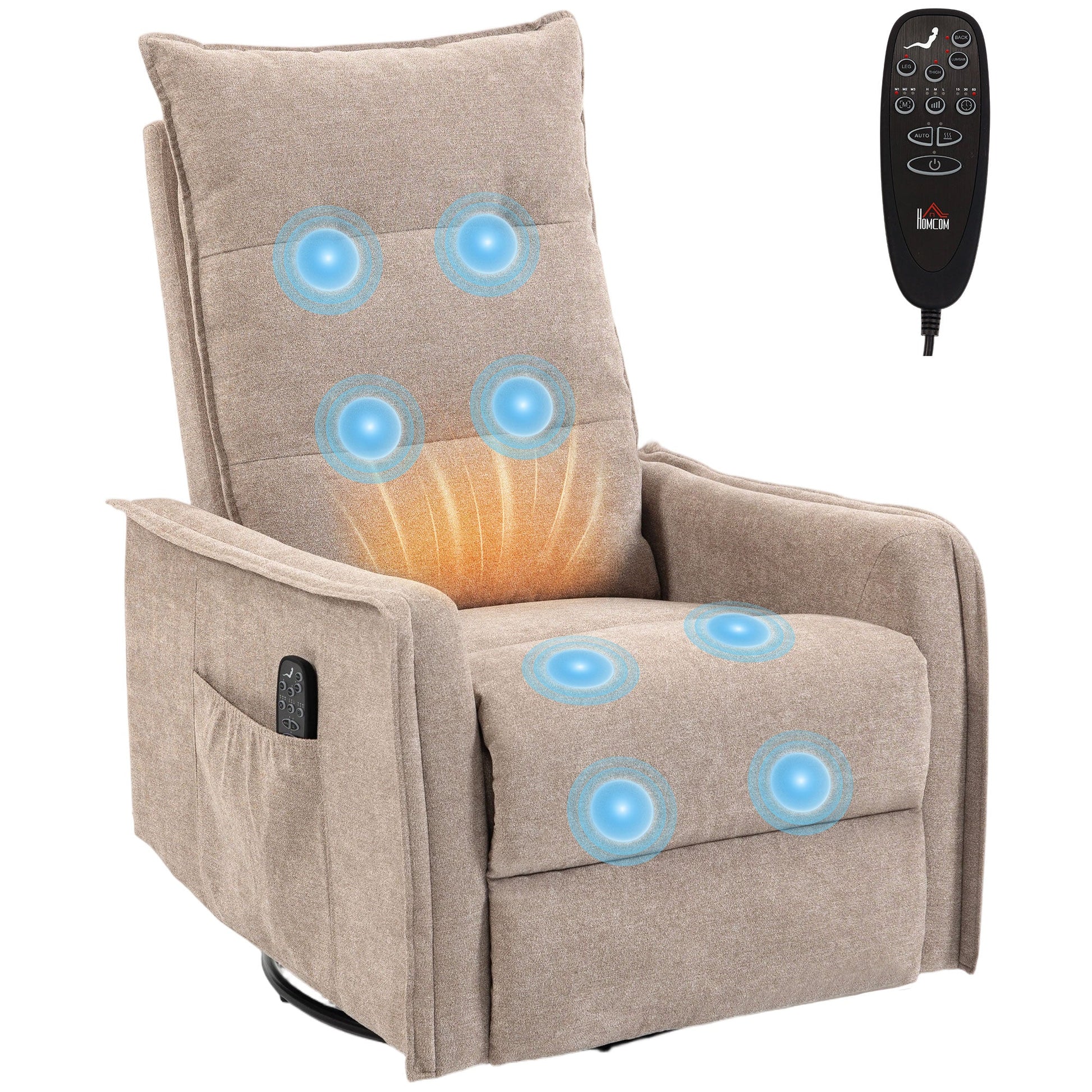 Recliner Armchair, Chenille Recliner Chair with Massage and Heat, 360° Swivel Rocking Manual Reclining Chair with Side Pockets for Living Room, Brown