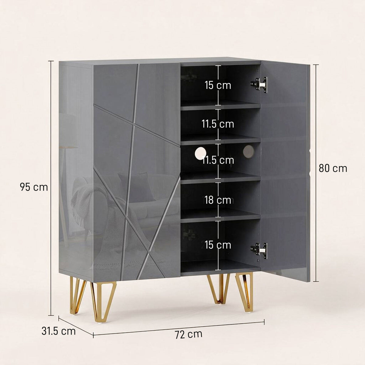 Narrow Shoe Cabinet, Slim Shoe Storage Cabinet with Soft-Close Hinges and Adjustable Shelves for 15-20 Pairs of Shoes, Grey