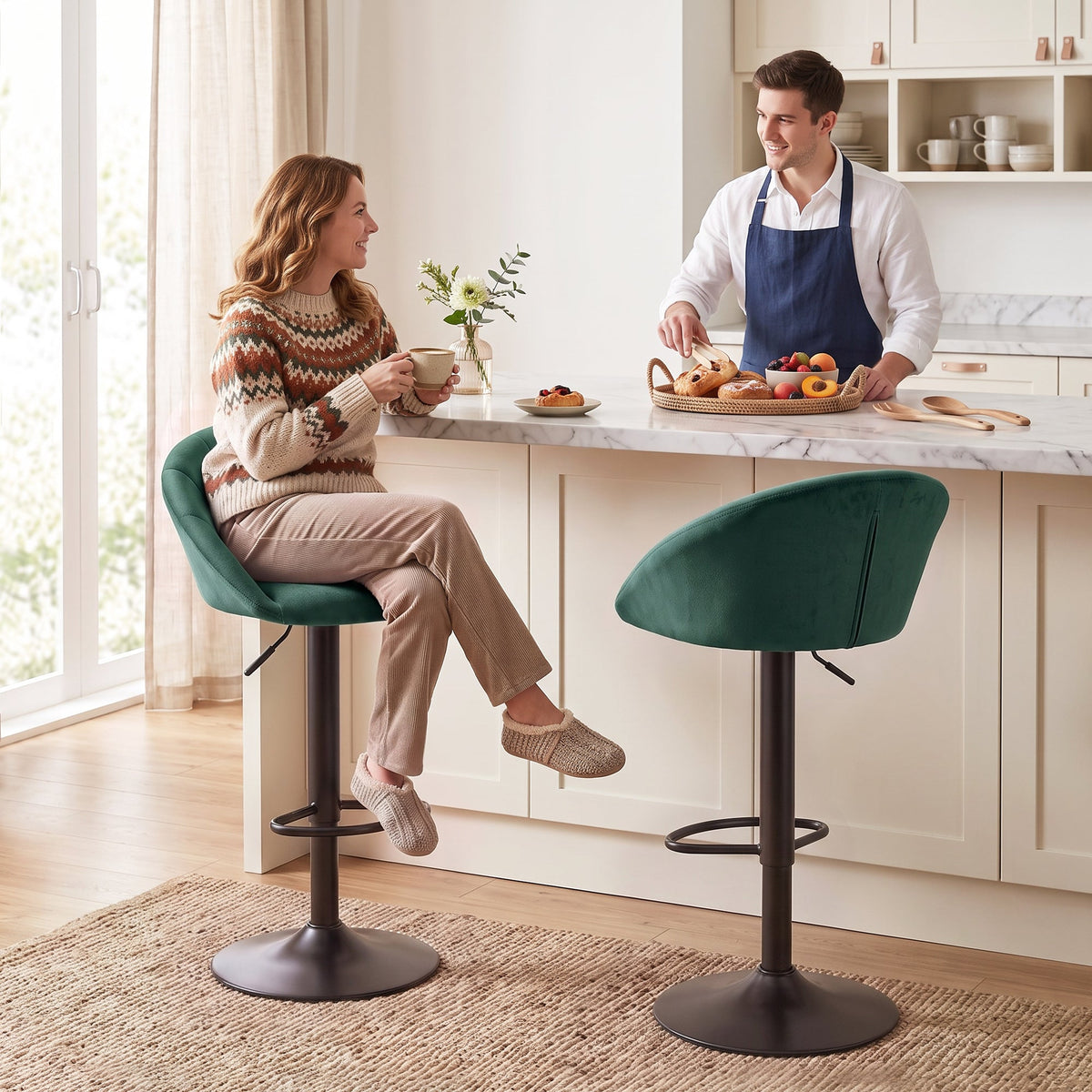 Breakfast Bar Stools Set of 2, Modern Velvet-Feel Swivel BarStools, Adjustable Counter Height Bar Chairs with Backrest and Footrest for Kitchen Island, Dining Room, Bar, Dark Green