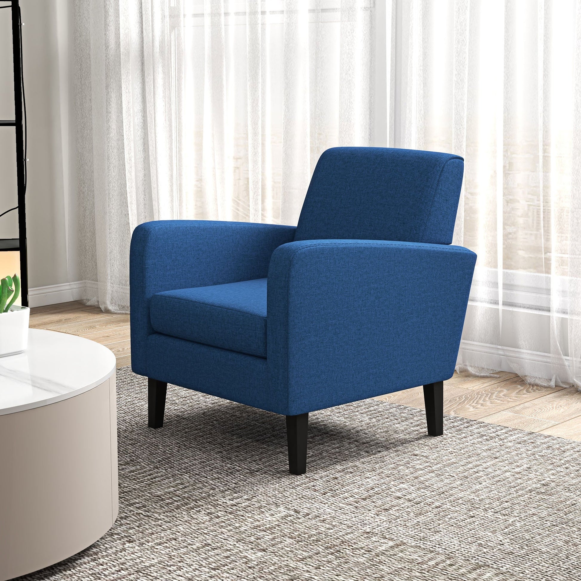 HOMCOM Modern Armchair with Rubber Wood Legs, Upholstered Accent Chair, Single Sofa for Living Room, Bedroom, Blue