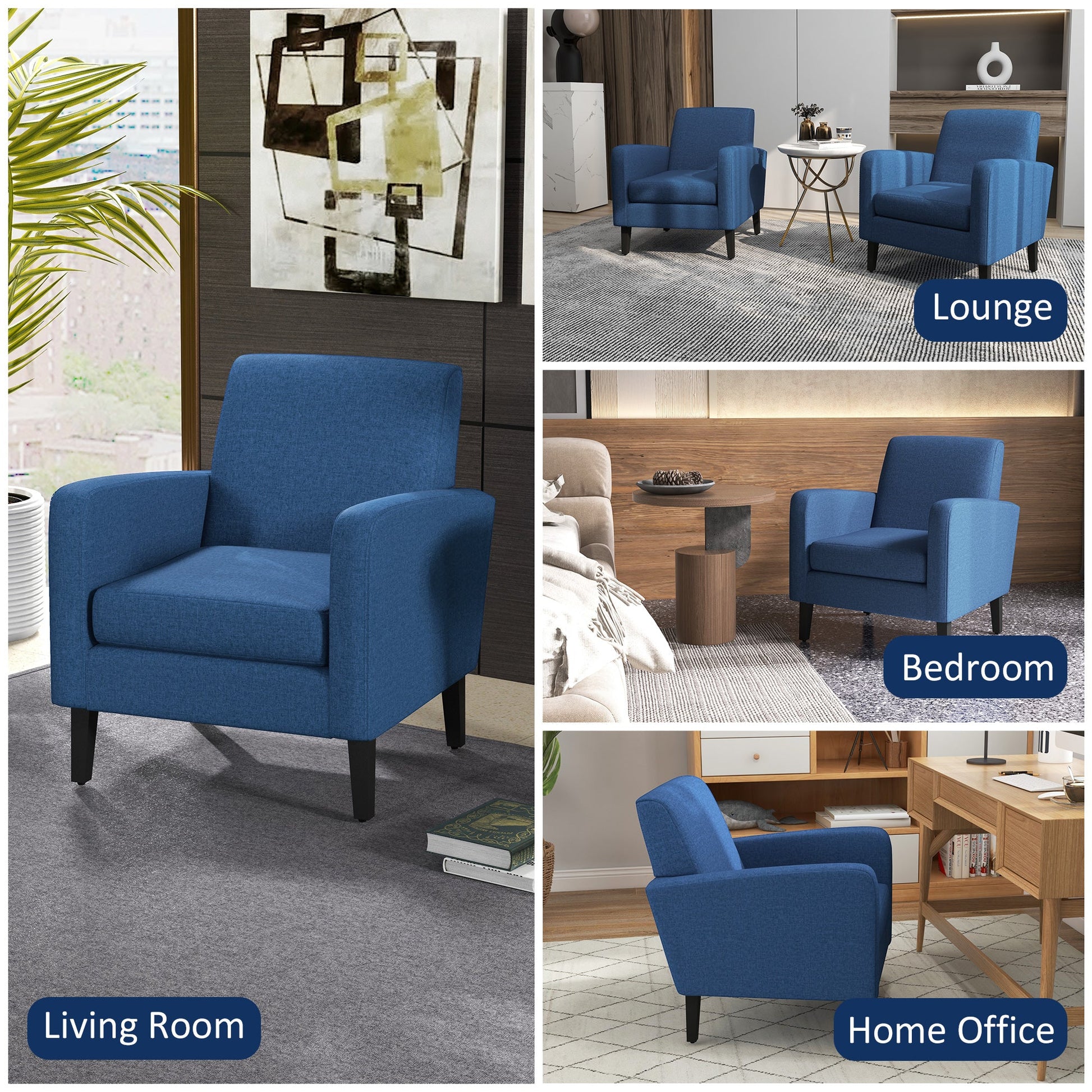 HOMCOM Modern Armchair with Rubber Wood Legs, Upholstered Accent Chair, Single Sofa for Living Room, Bedroom, Blue