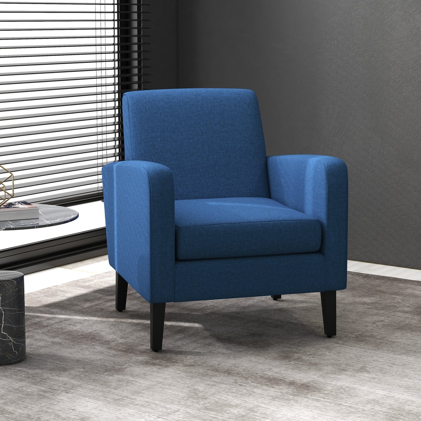 HOMCOM Modern Armchair with Rubber Wood Legs, Upholstered Accent Chair, Single Sofa for Living Room, Bedroom, Blue