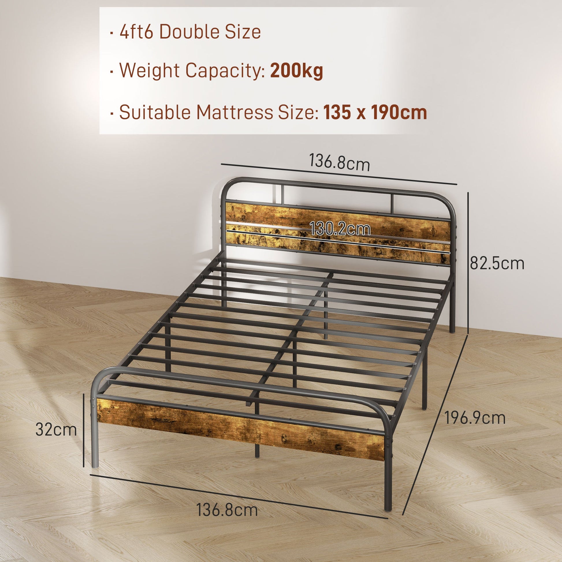 HOMCOM 4ft6 Double Bed Frame with Headboard, Platform Bed Frame with Underbed Storage, Slat Support, No Box Spring Needed, Easy Assembly, Rustic Brown