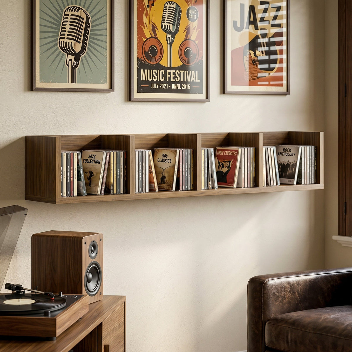 Wall Mount 84 CD / 56 DVD/Blu-ray/ Media Storage Rack 4 Cubes Wooden Shelf Organizer Unit Bookcase Display, Walnut Brown