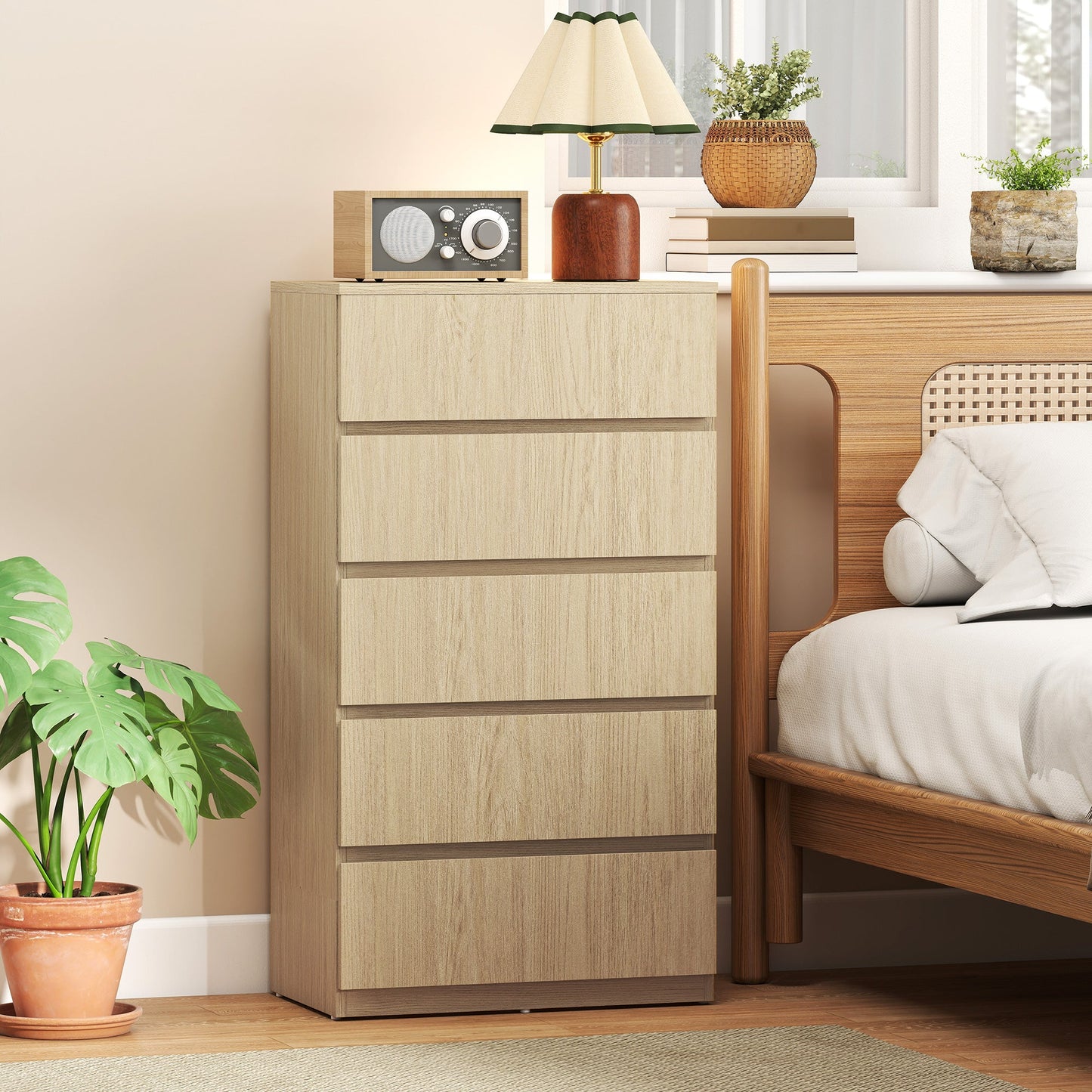 Chest of Drawers, 5 Drawers Storage Cabinet Floor Tower Cupboard for Bedroom Living Room, Natural Wood