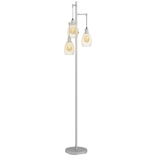 3-Light LED Floor Lamp, 170cm Industrial Dimmable Standing Lamp with Steel Wire Cage Lampshades, 2700K for Living Room, Bedroom, Dining Room, Study, Silver Tone