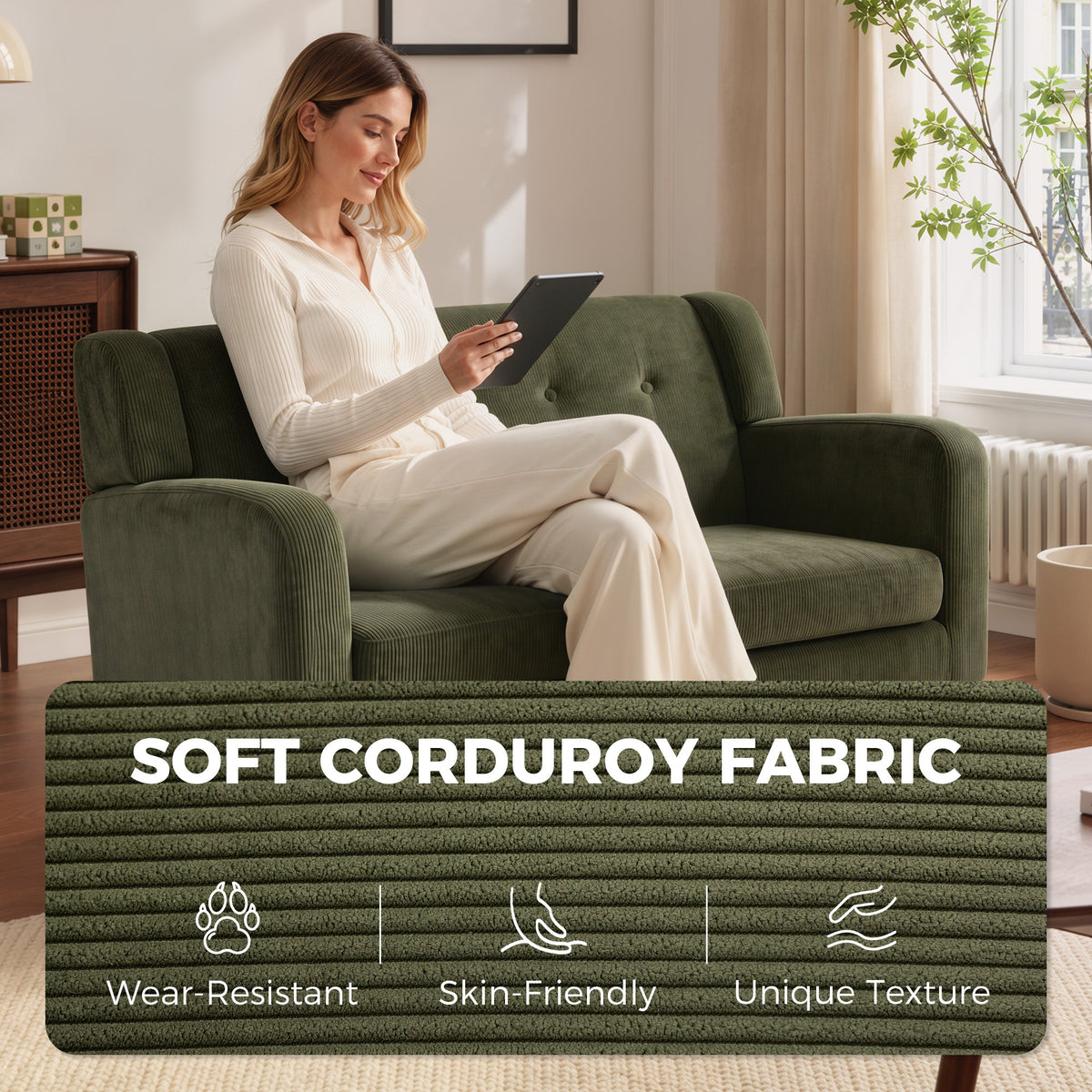 2 Seater Sofa, 118 cm Corduroy Small Sofa with Spring Cushion, Compact Tufted Loveseat Sofa Settee with Wooden Legs for Small Space, Living Room, Bedroom, Home Office, Dark Green