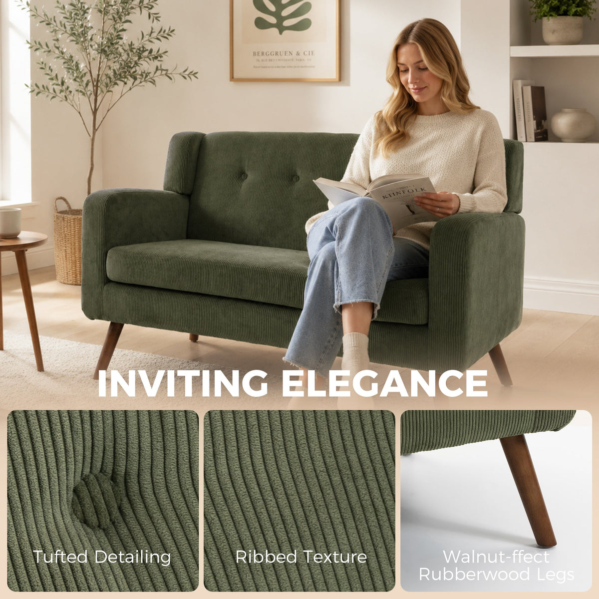 2 Seater Sofa, 118 cm Corduroy Small Sofa with Spring Cushion, Compact Tufted Loveseat Sofa Settee with Wooden Legs for Small Space, Living Room, Bedroom, Home Office, Dark Green