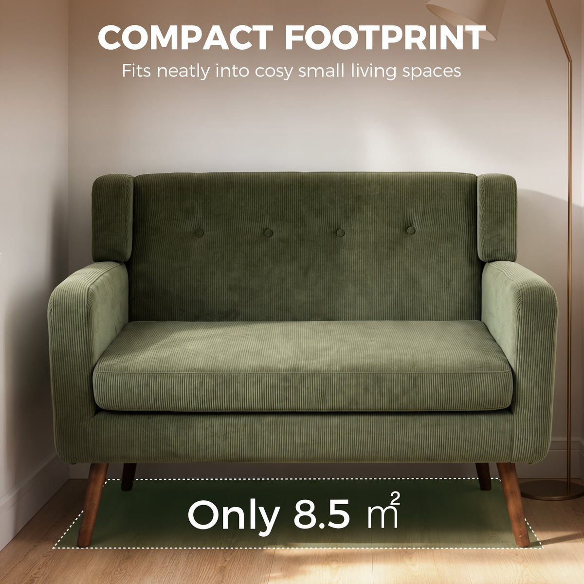 2 Seater Sofa, 118 cm Corduroy Small Sofa with Spring Cushion, Compact Tufted Loveseat Sofa Settee with Wooden Legs for Small Space, Living Room, Bedroom, Home Office, Dark Green
