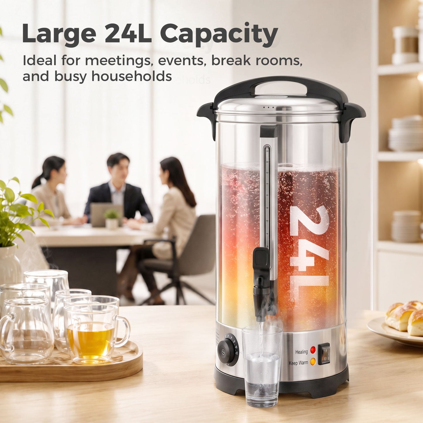 24L Catering Urn, 2500W Hot Water Boiler Dispenser with Thermostat, Stainless Steel Tea Urn Kettle with Keep Warm Function, Adjustable Temperature and Easy Pour Tap for Home Office Parties