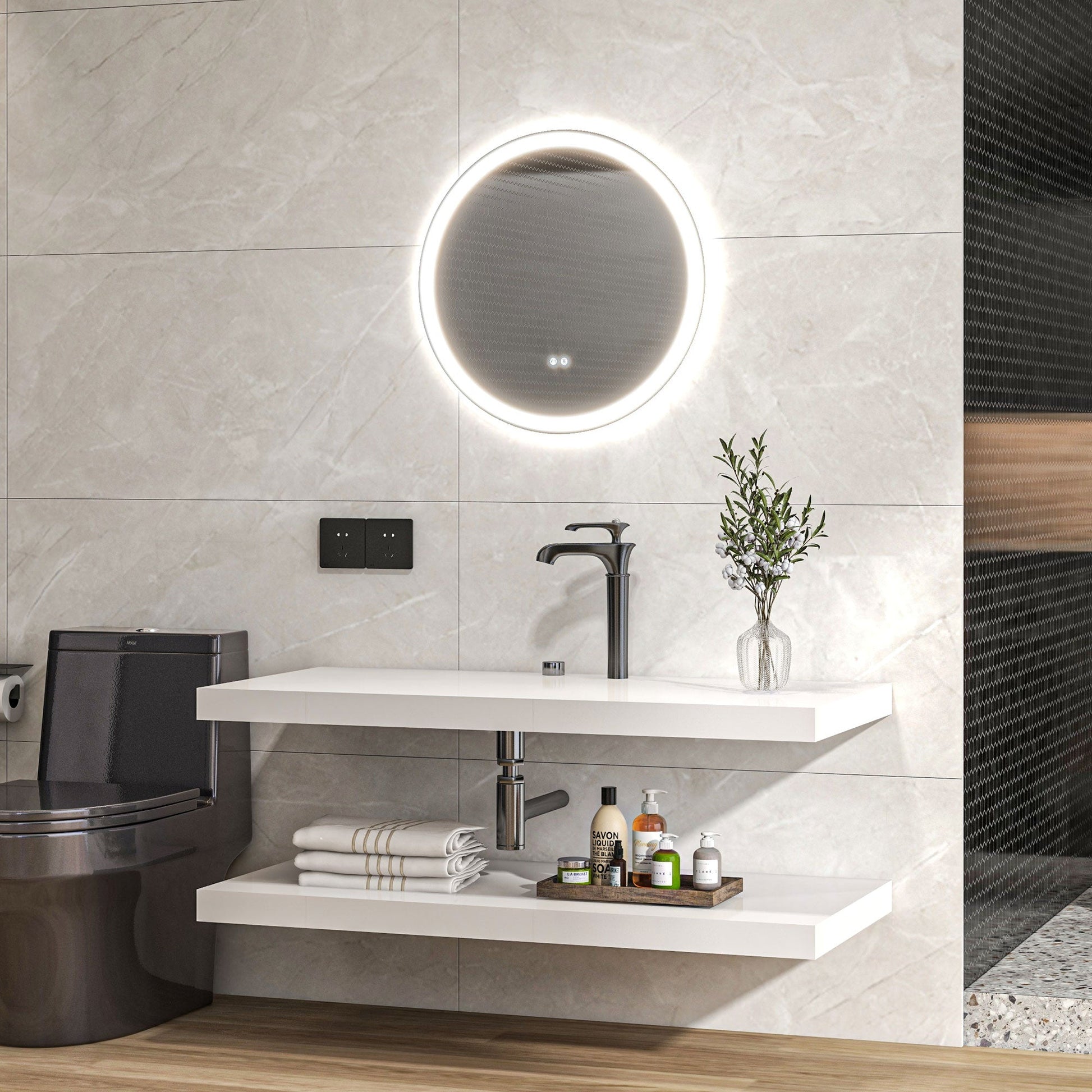 kleankin Round Bathroom Mirror with LED Lights, Wall Mount Dimmable Makeup Mirror with 3 Temperature Colours, Defogging Film and Memory Function, Frameless, Hardwired, 70 x 70 cm