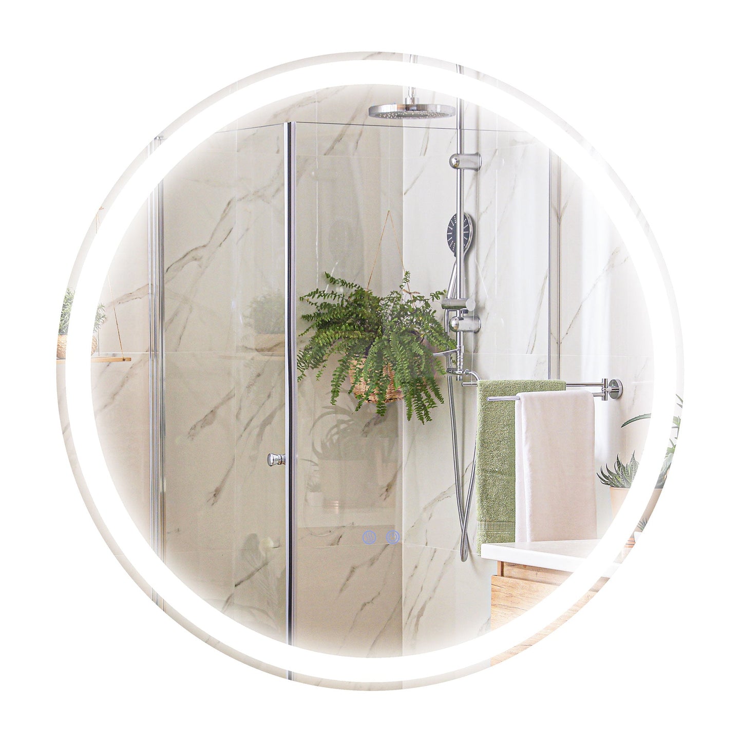 kleankin Round Bathroom Mirror with LED Lights, Wall Mount Dimmable Makeup Mirror with 3 Temperature Colours, Defogging Film and Memory Function, Frameless, Hardwired, 70 x 70 cm