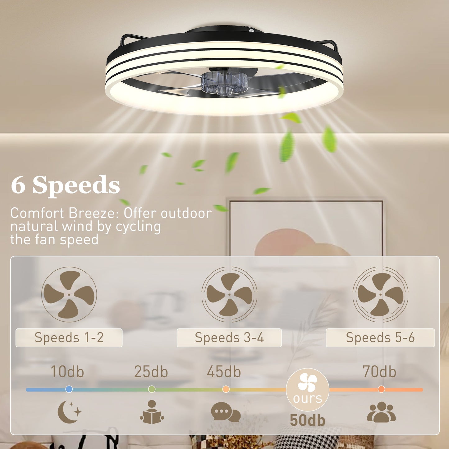 Ceiling Fans with Lights and Remote & App Control, 50 cm Modern LED Ceiling Fan Light with 3 Colour Temperatures, 6 Speed, Timer, Dimmable, Quiet Reversible DC Motor, for Bedroom, Study, Black