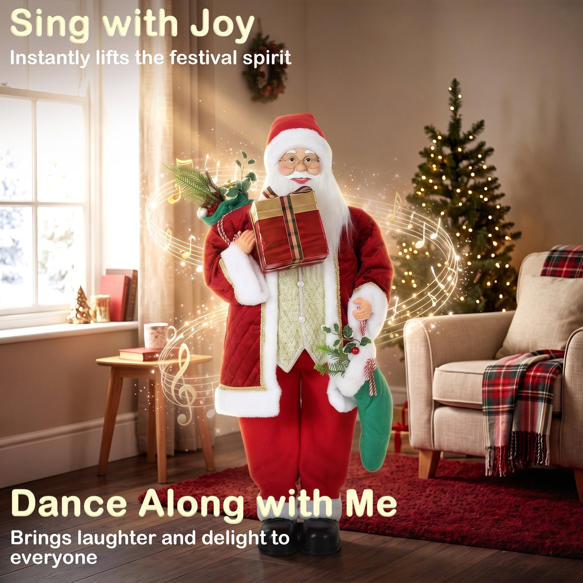 4ft Life Size Singing Dancing Santa Claus, 120 cm Standing Musical Animated Santa with Stocking, Sack, Posable Arms, Handcrafted, Sound Touch Activated, Moving Christmas Figure Decor