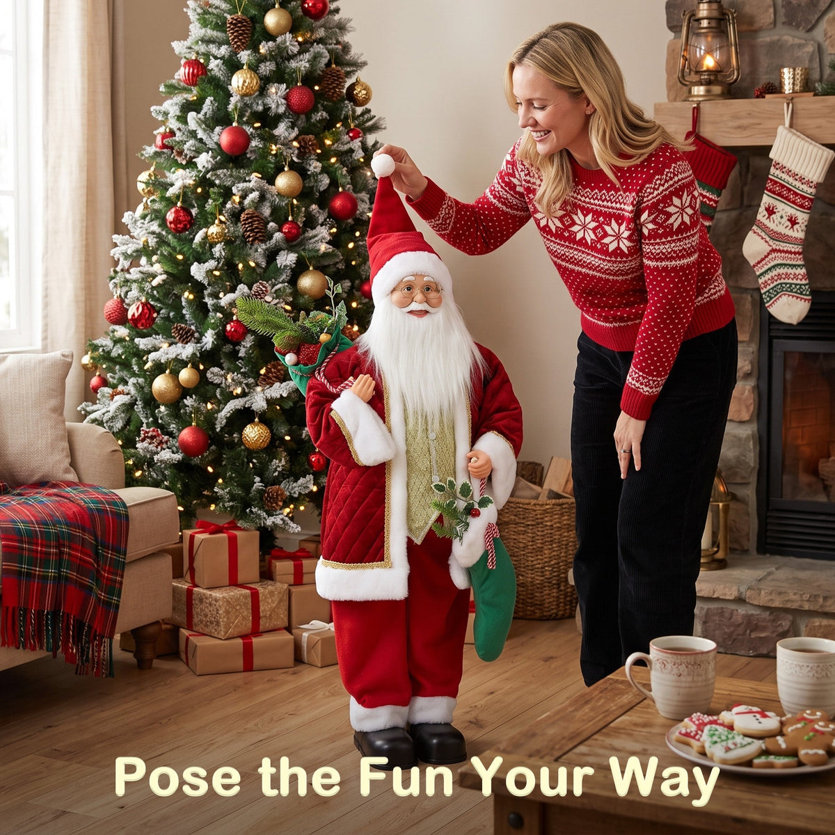 4ft Life Size Singing Dancing Santa Claus, 120 cm Standing Musical Animated Santa with Stocking, Sack, Posable Arms, Handcrafted, Sound Touch Activated, Moving Christmas Figure Decor