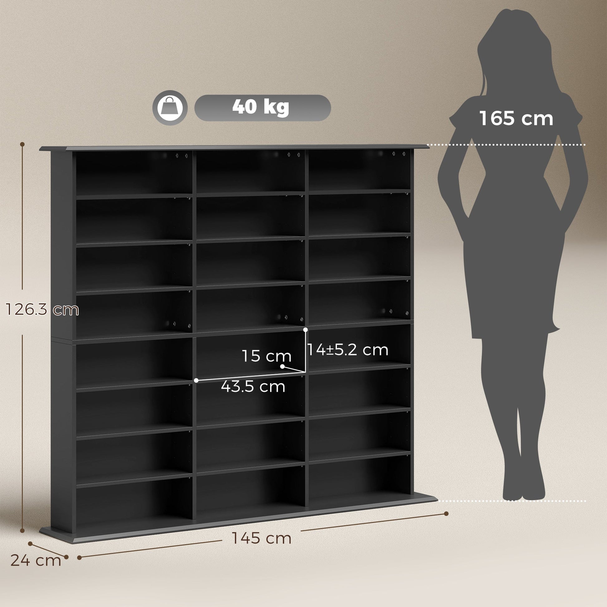 1032 CD/594 DVD Storage Unit, Blu-ray Media Storage Shelf with 24 Compartments and 18 Adjustable Shelves, CD Tower for Living Room, Bedroom, Office, Black