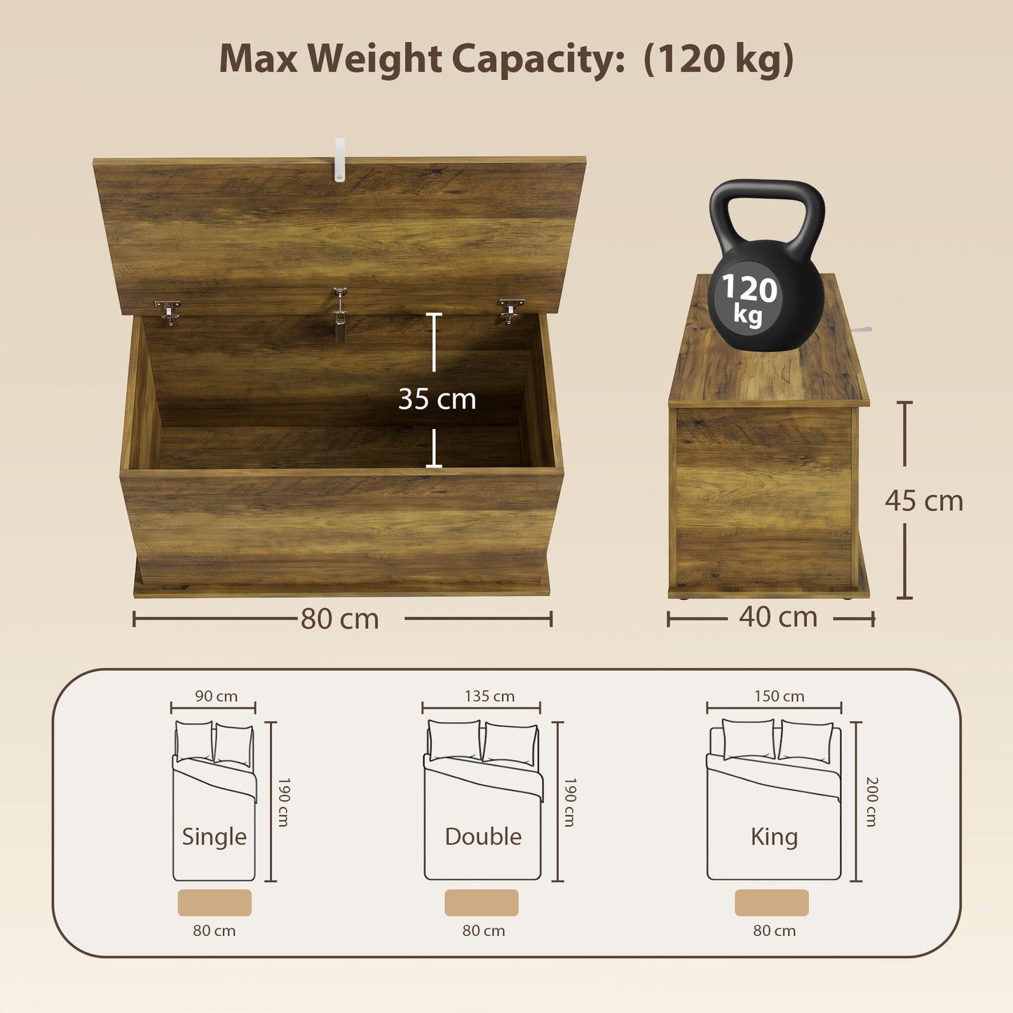 Storage Chest, Large 102L Blanket Box, Shoe Bench with Safety Hinged Lid, Storage Trunk, Bed End Bench for Bedroom, Hallway, Living room, Playroom, 80 x 40 x 45cm, Brown