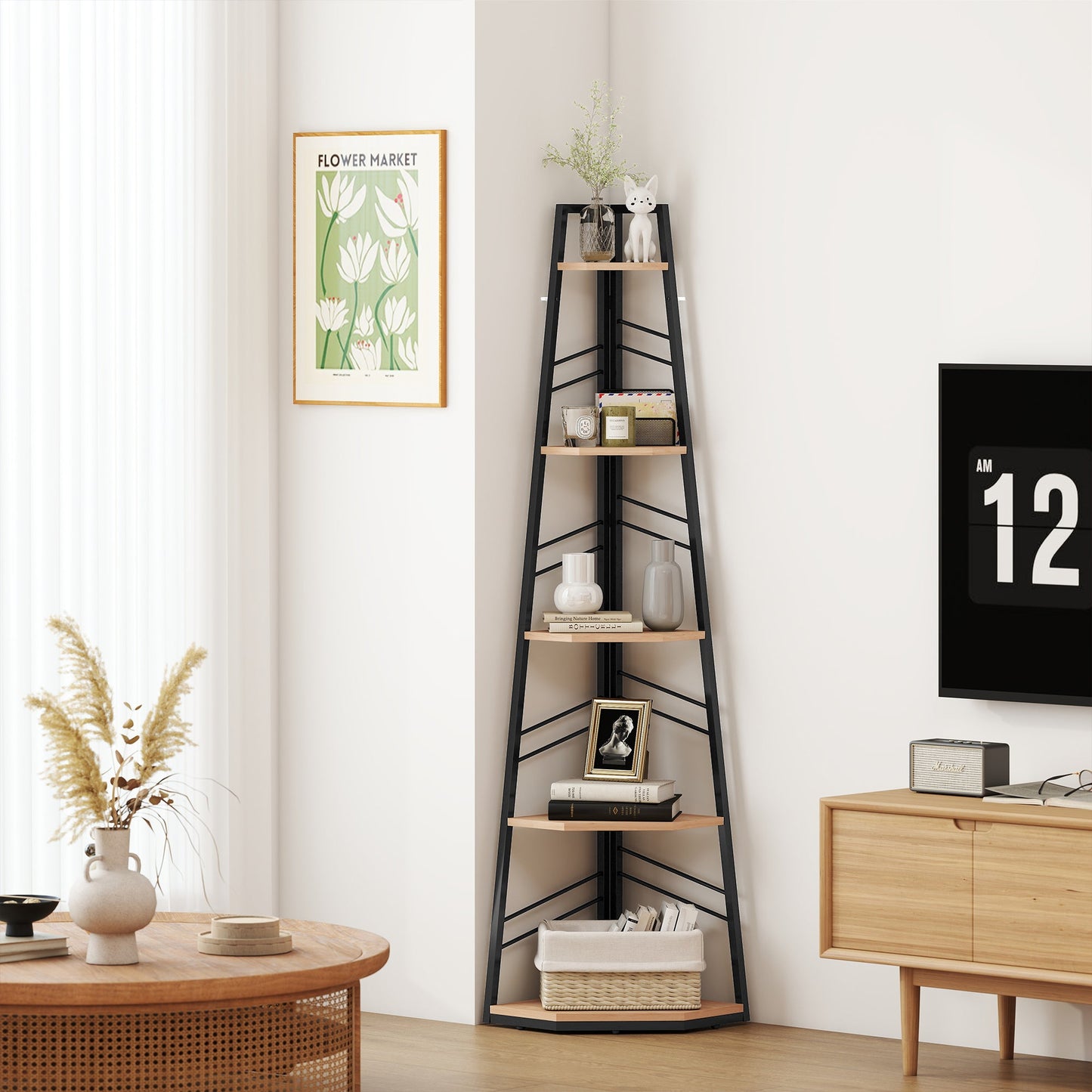 Corner Bookcase, 5-Tier Floor Standing Bookshelf, Shelving Unit for Living Room, Study, Bedroom, Natural Wood Finish