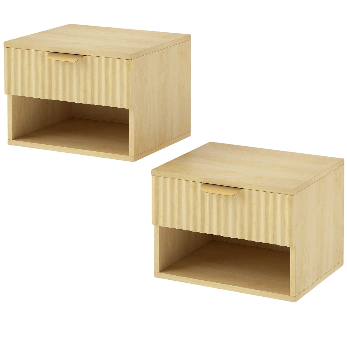 Floating Nightstands Set of 2, Modern Wall-Mounted Bedside Tables with Fluted Drawer and Open Shelf for Bedroom, Oak