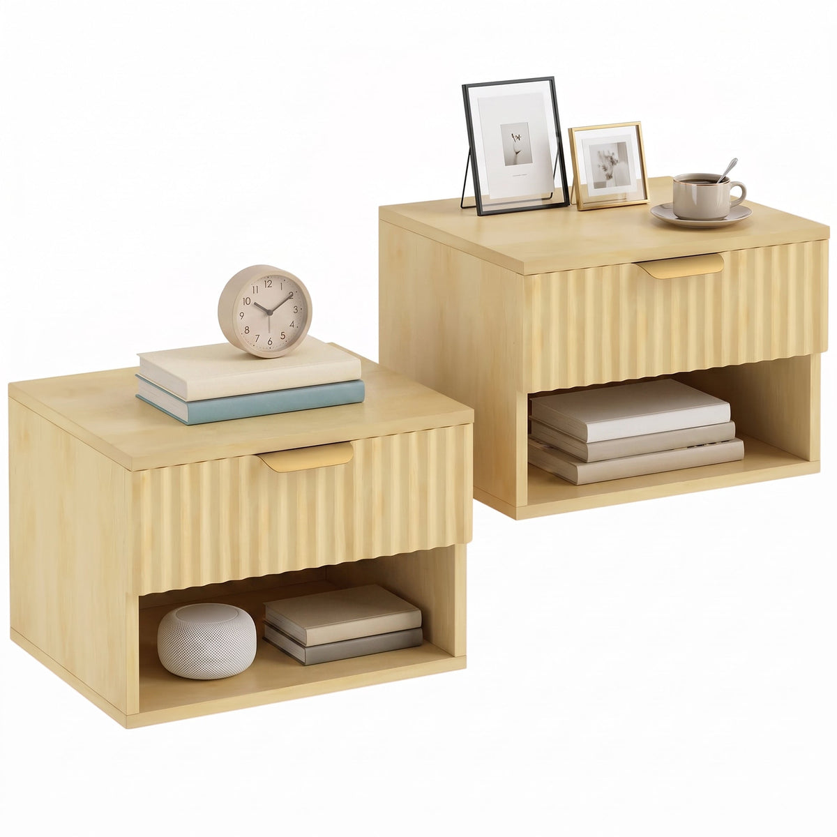 Floating Nightstands Set of 2, Modern Wall-Mounted Bedside Tables with Fluted Drawer and Open Shelf for Bedroom, Oak