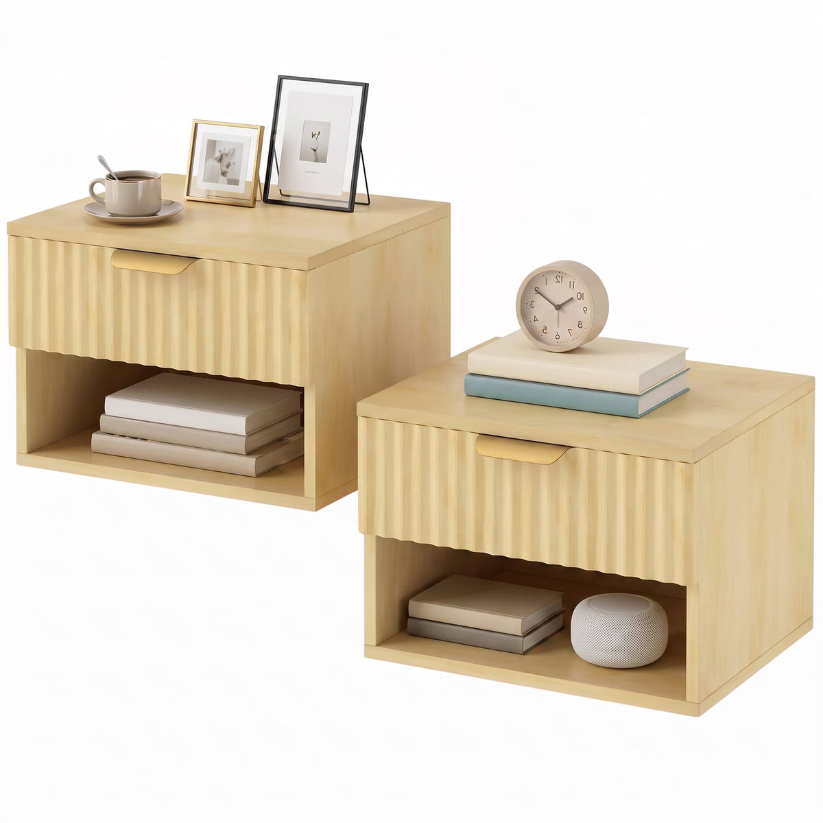 Floating Nightstands Set of 2, Modern Wall-Mounted Bedside Tables with Fluted Drawer and Open Shelf for Bedroom, Oak