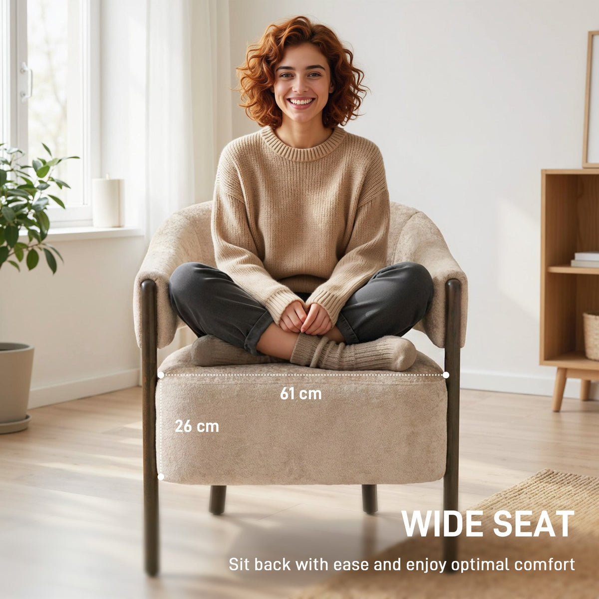 Accent Chair, Chenille Upholstered Tub Chair with Wide Seat, Solid Wood Frame and Legs, Comfy Armchair for Living Room, Bedroom, Beige