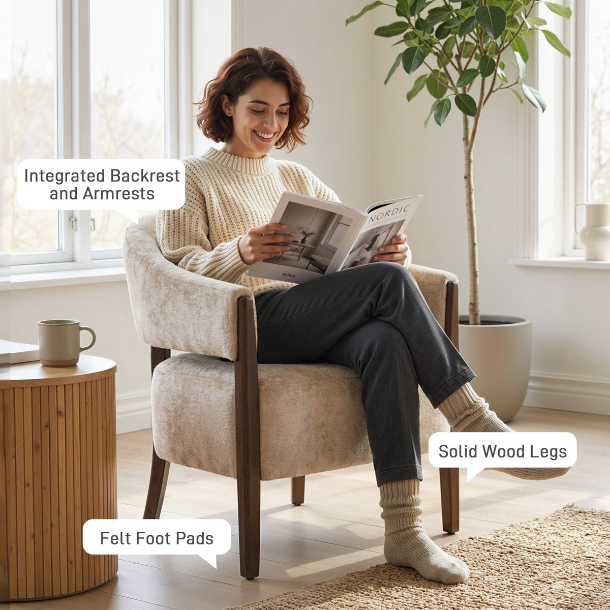 Accent Chair, Chenille Upholstered Tub Chair with Wide Seat, Solid Wood Frame and Legs, Comfy Armchair for Living Room, Bedroom, Beige