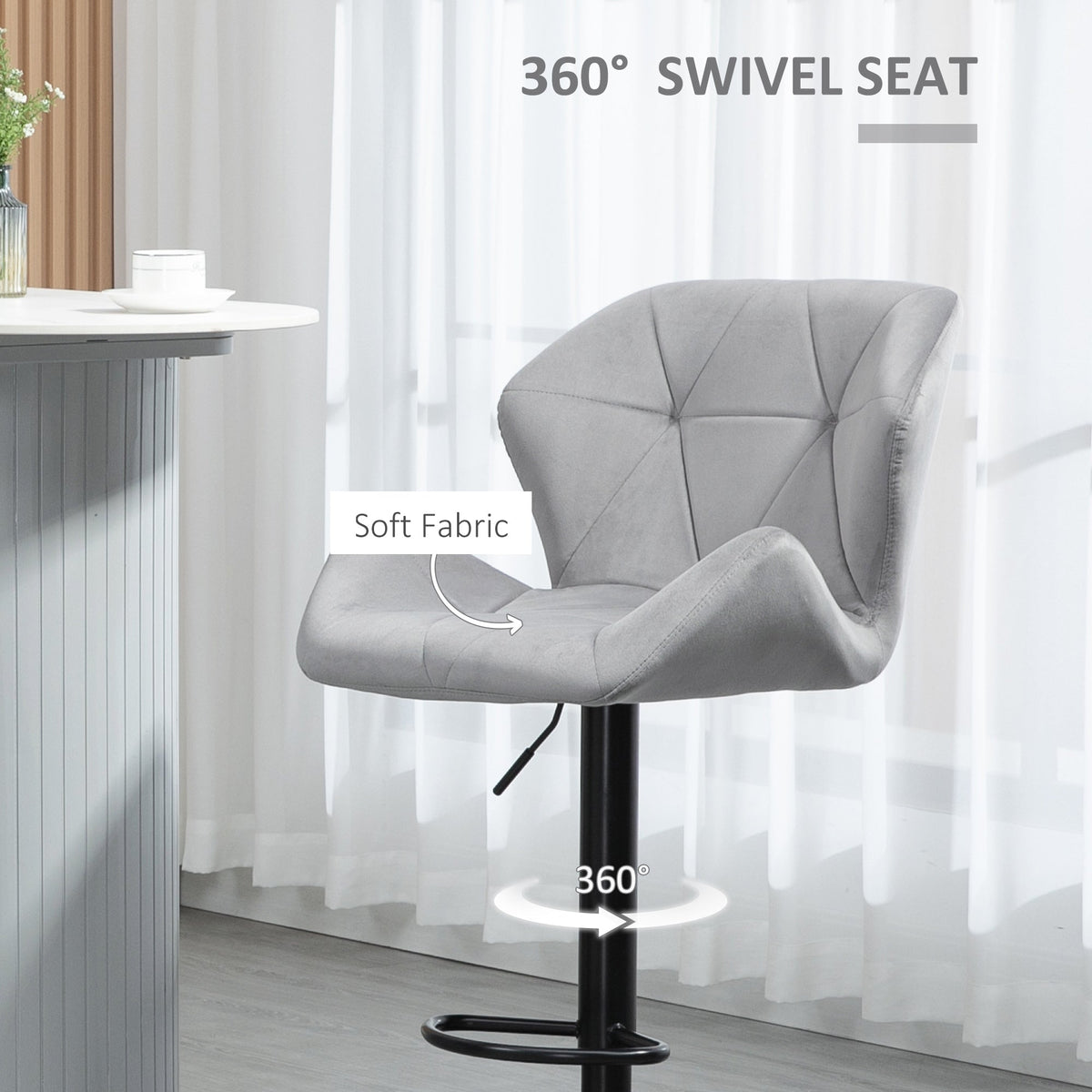 HOMCOM Bar Stools Set Of 2, Luxurious Velvet-Touch Barstools with Metal Frame Footrest Round Base Triangle Indenting Moulded Seat Adjustable Height Swivel Grey