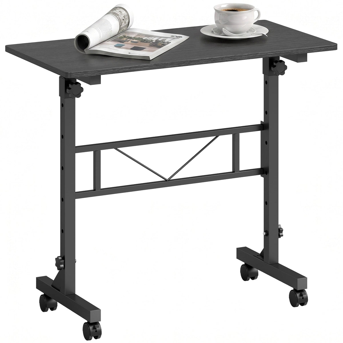 Overbed Table With Wheels and Brakes, Adjustable Height Laptop Desk, Portable Hospital Bed Table with Steel Frame for Living Room, Bedroom and Study, Black