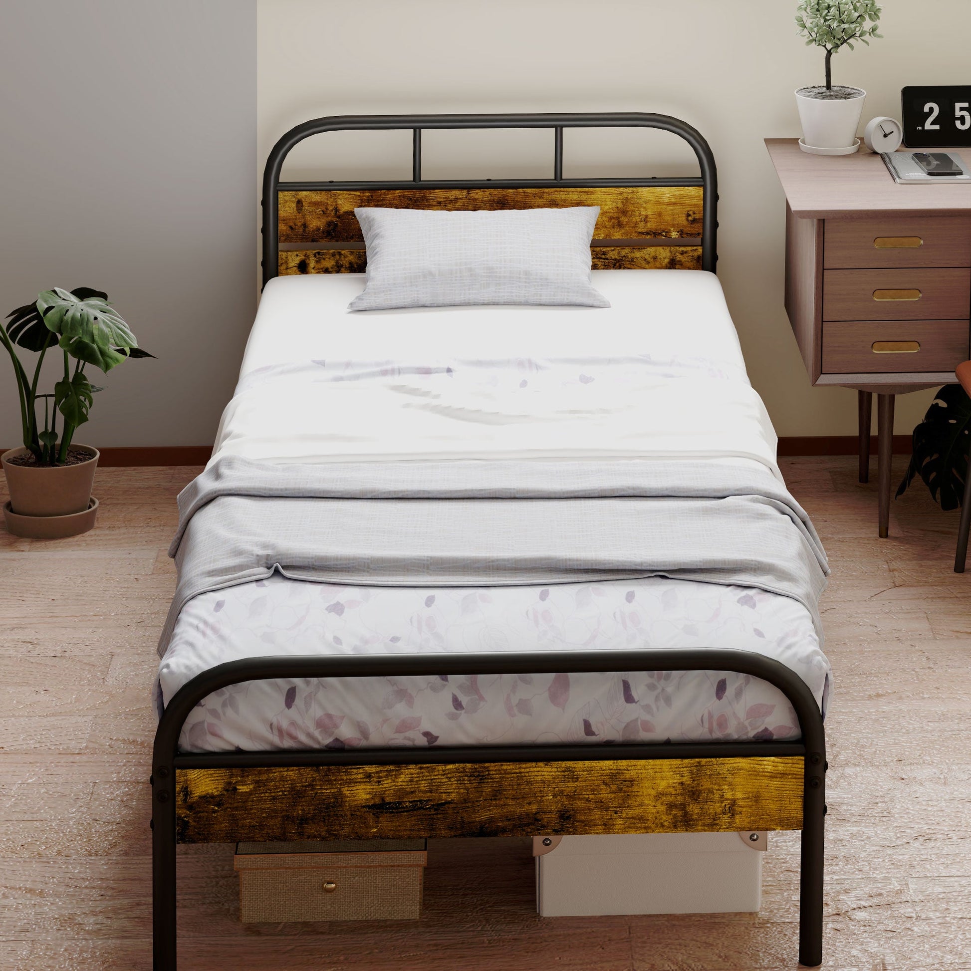 HOMCOM 3ft Single Bed Frame with Headboard, Platform Bed Frame with Underbed Storage, Slat Support, No Box Spring Needed, Easy Assembly, Rustic Brown