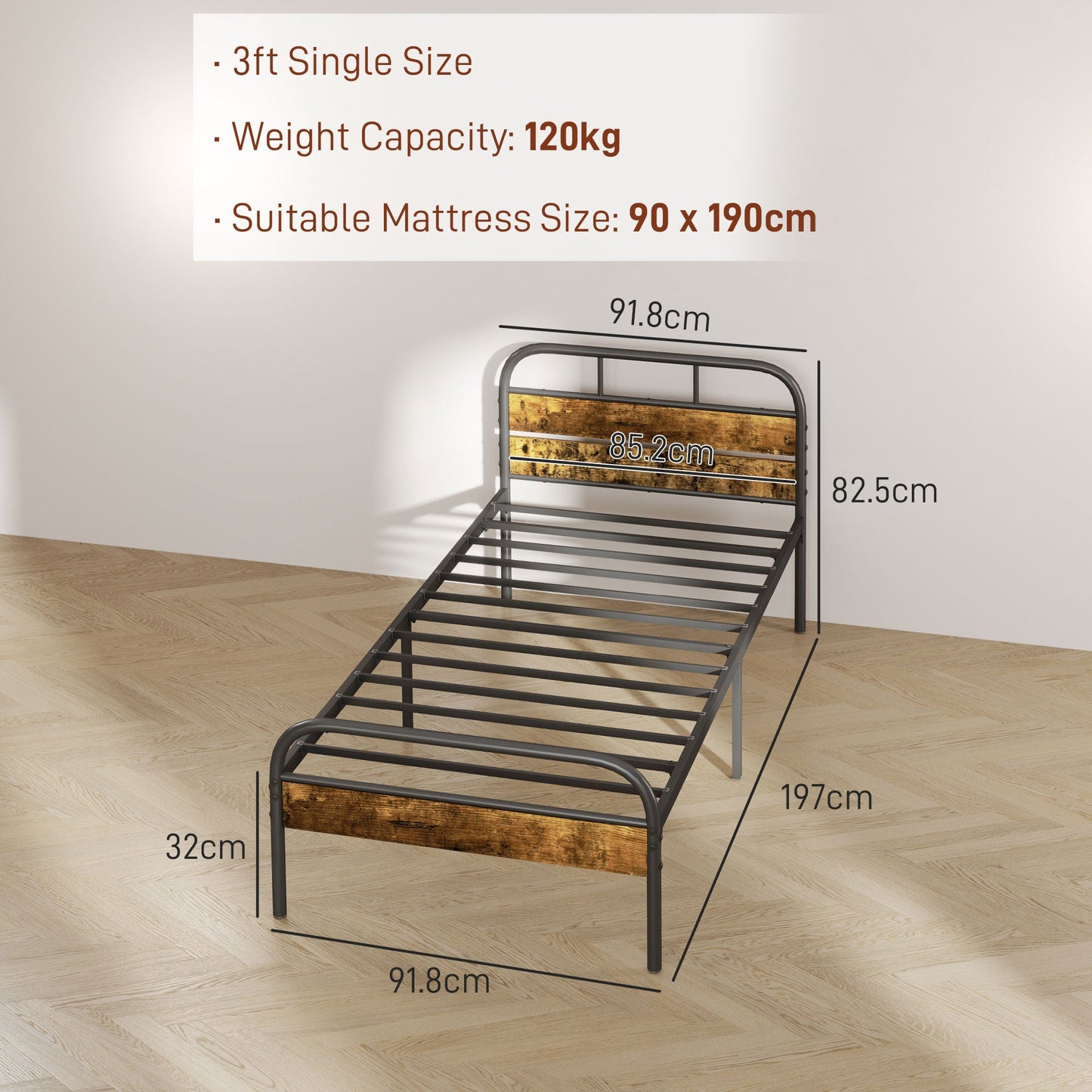 HOMCOM 3ft Single Bed Frame with Headboard, Platform Bed Frame with Underbed Storage, Slat Support, No Box Spring Needed, Easy Assembly, Rustic Brown