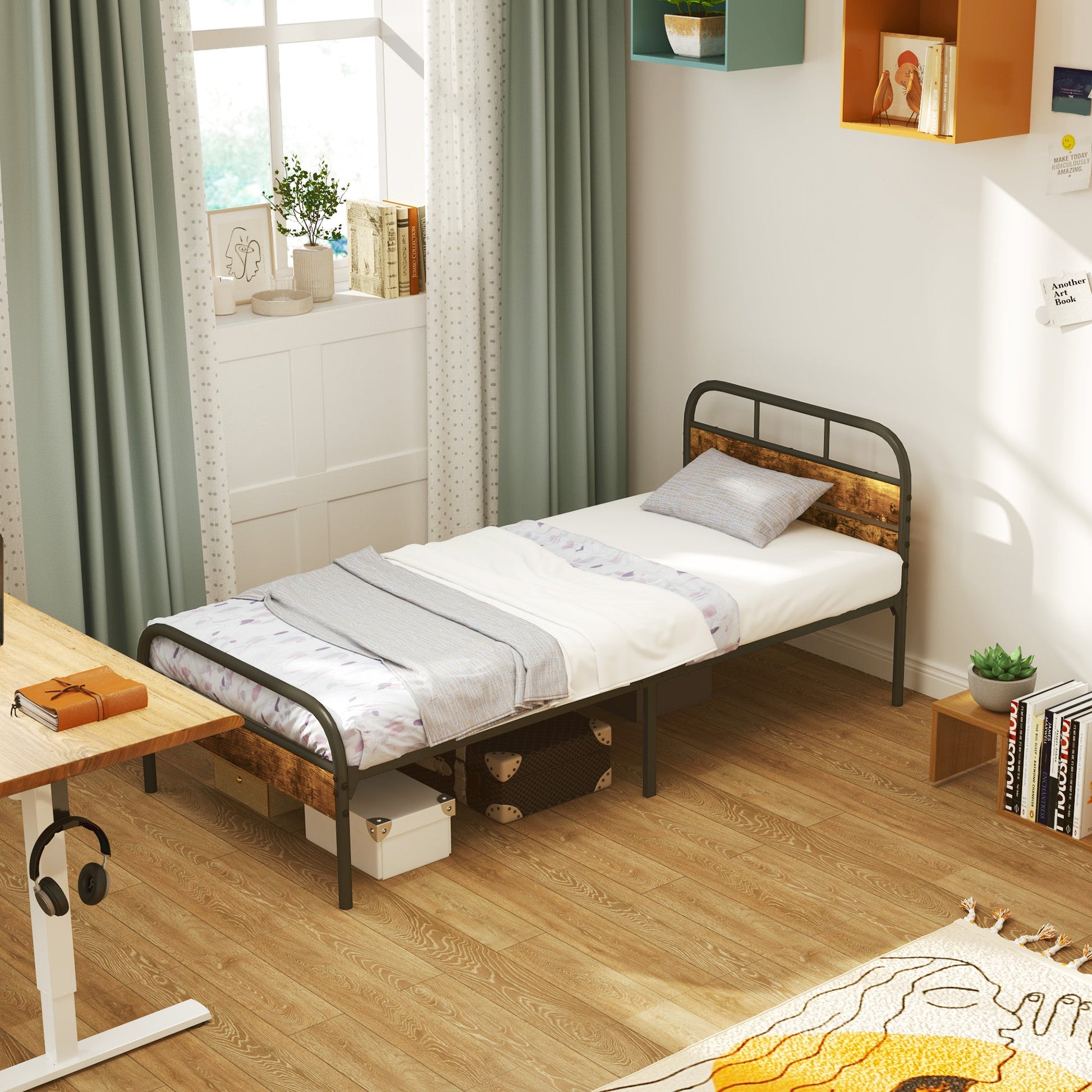 HOMCOM 3ft Single Bed Frame with Headboard, Platform Bed Frame with Underbed Storage, Slat Support, No Box Spring Needed, Easy Assembly, Rustic Brown