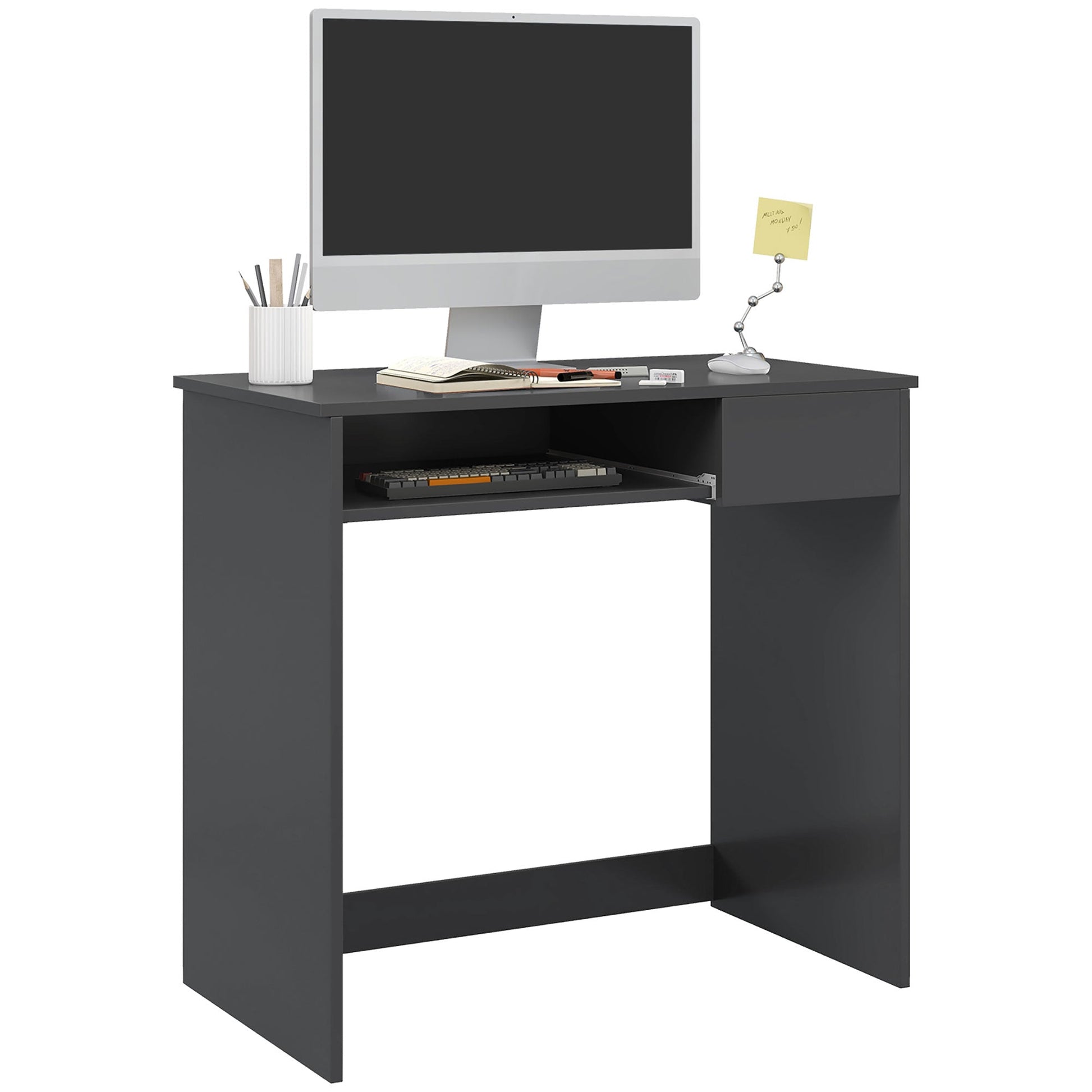 HOMCOM Compact Computer Table with Keyboard Tray Drawer Study Office Working Writing Desk, Grey