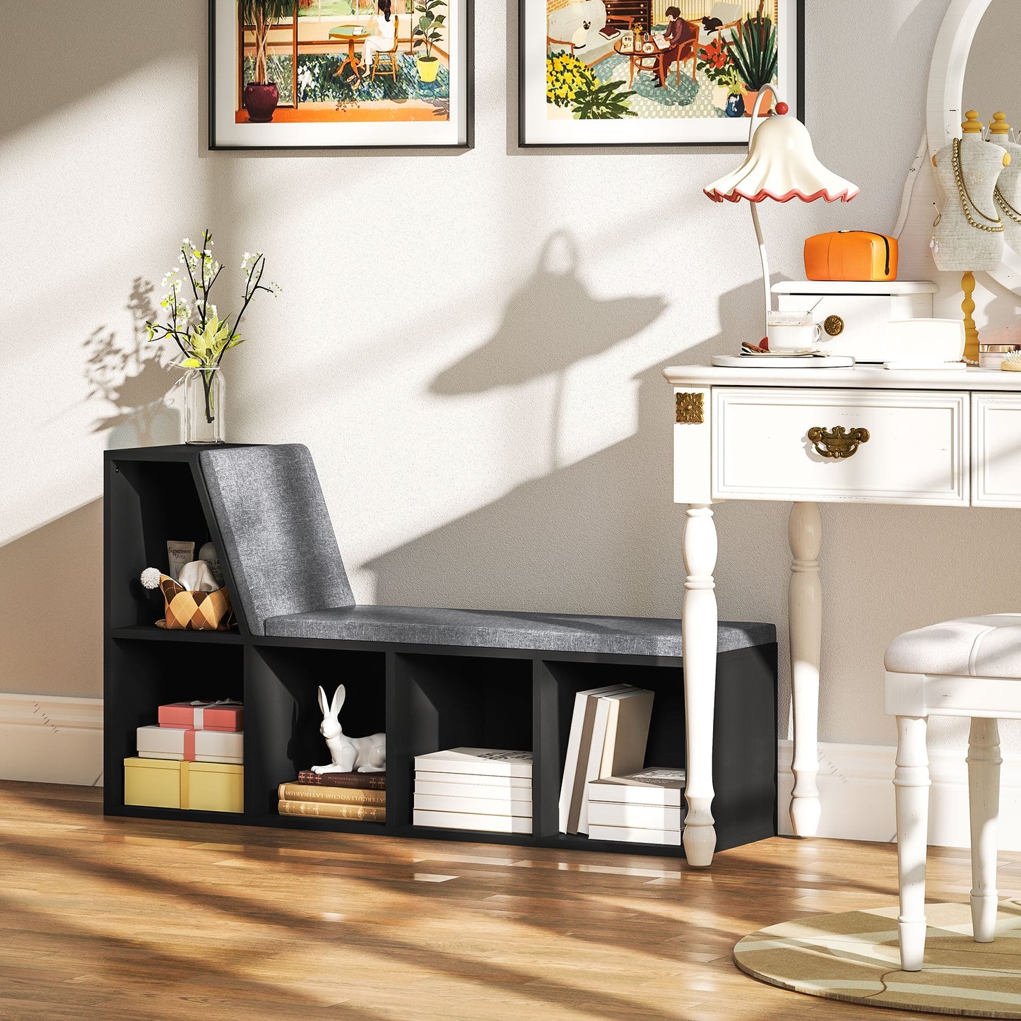 Bookcase Storage Shelf with Cushioned Reading Seat, Bookshelf Storage Cabinet for Study Living Room, Black