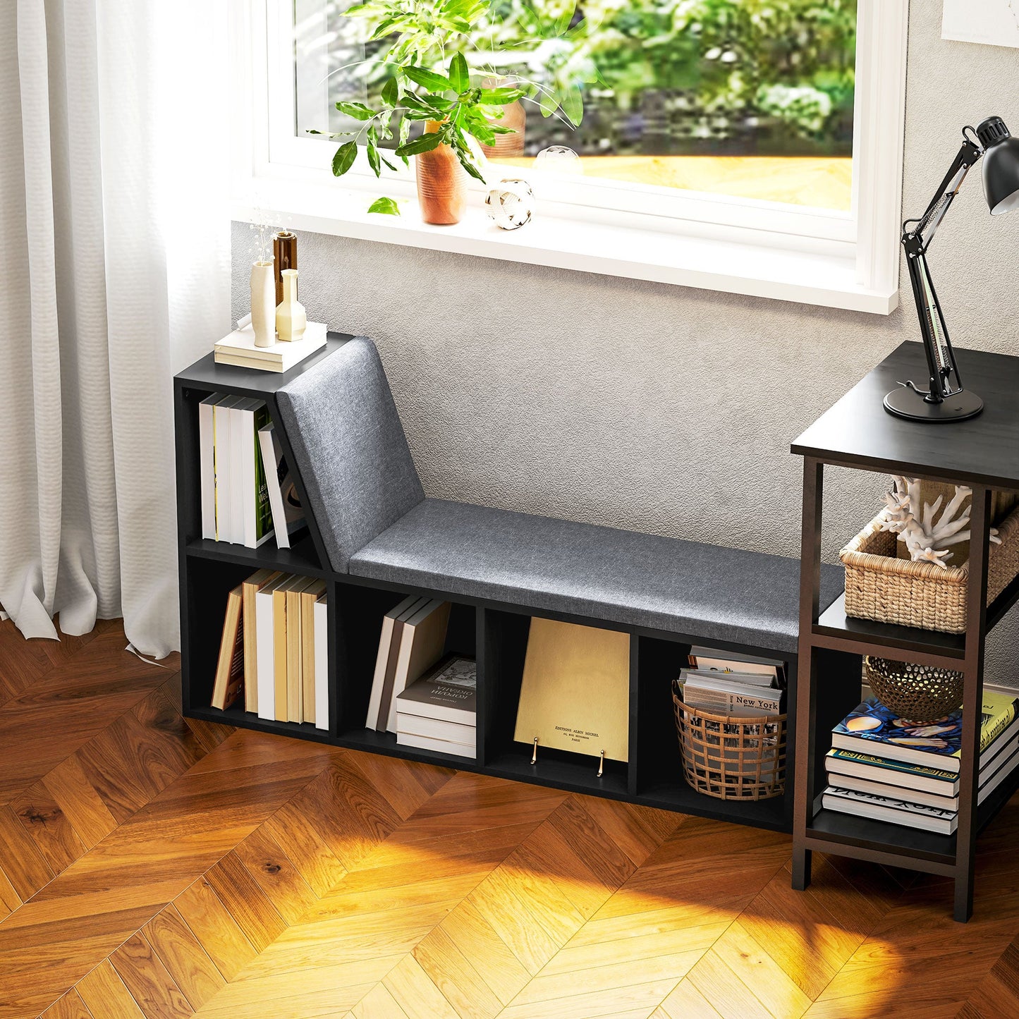 Bookcase Storage Shelf with Cushioned Reading Seat, Bookshelf Storage Cabinet for Study Living Room, Black