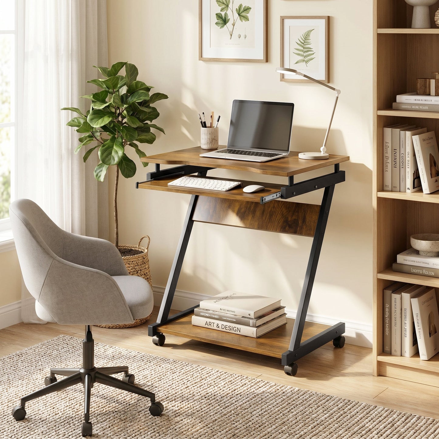 Movable Computer Desk with 4 Moving Wheels Sliding Keyboard Tray Home Office Workstation Rustic Brown