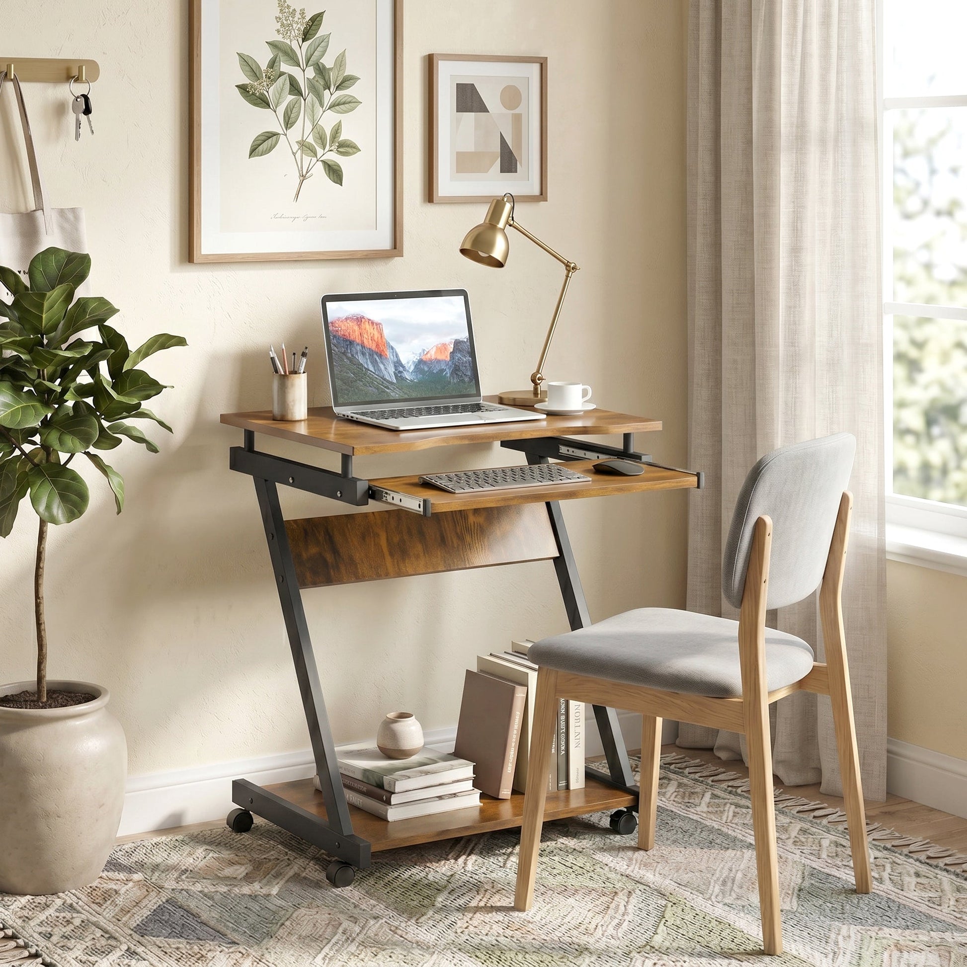 Movable Computer Desk with 4 Moving Wheels Sliding Keyboard Tray Home Office Workstation Rustic Brown