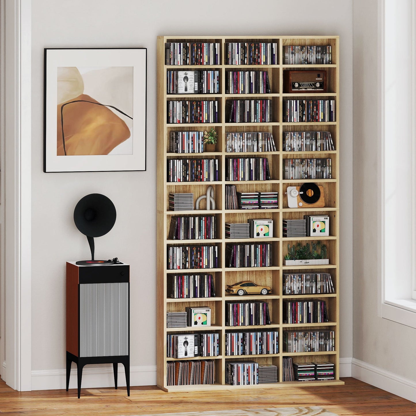 1116 CD/ 528 DVD Storage Unit, Media Storage Shelf, Wooden Display Unit with Adjustable Shelves, 102 x 195 cm, Oak Tone