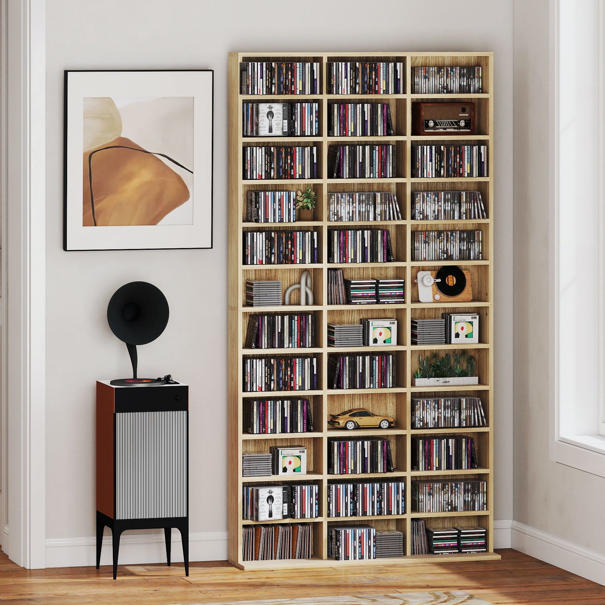 1116 CD/ 528 DVD Storage Unit, Media Storage Shelf, Wooden Display Unit with Adjustable Shelves, 102 x 195 cm, Oak Tone