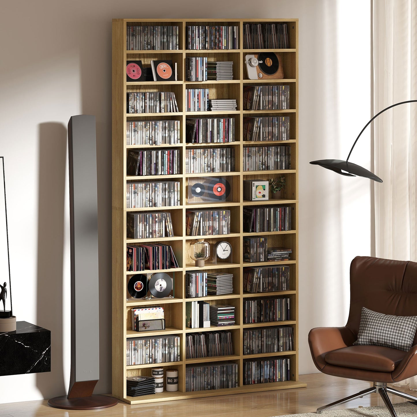 1116 CD/ 528 DVD Storage Unit, Media Storage Shelf, Wooden Display Unit with Adjustable Shelves, 102 x 195 cm, Oak Tone