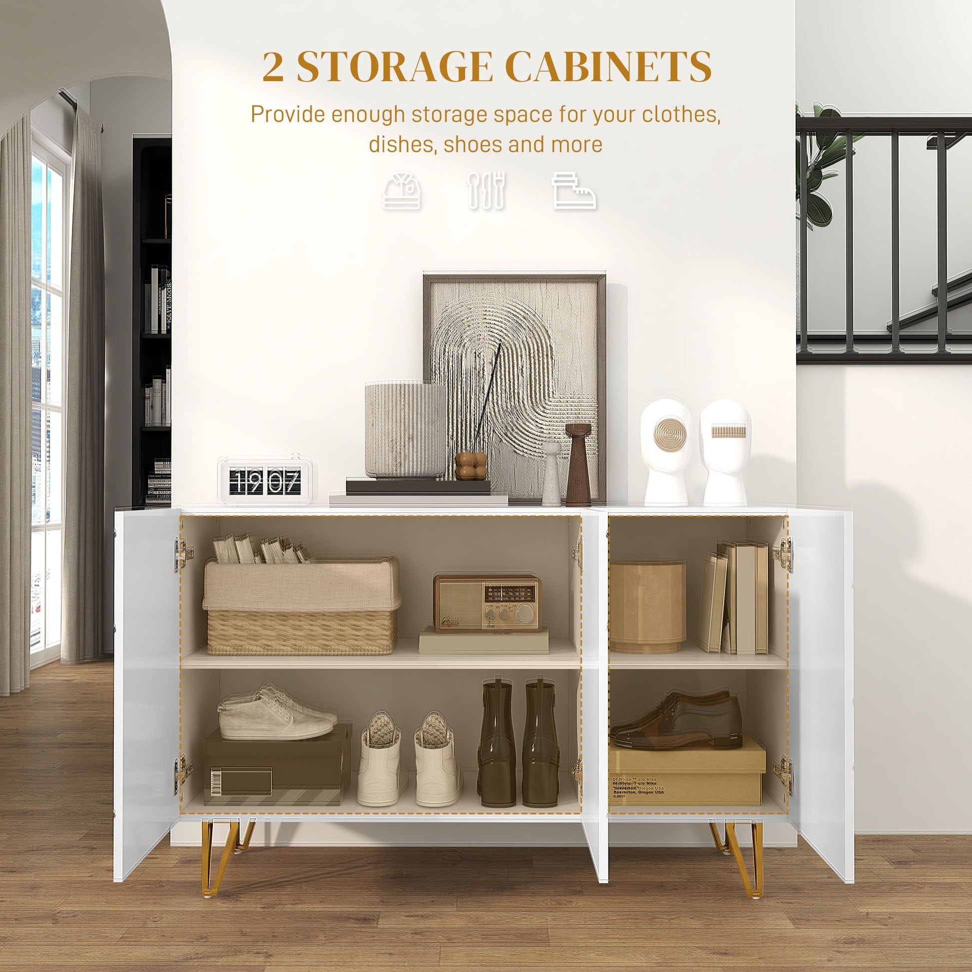 HOMCOM Storage Cabinet with High Gloss, Freestanding Sideboard with Adjustable Shelves, Soft-Close Doors and Gold Tone Hairpin Legs for Living Room, Dining Room, Hallway, White