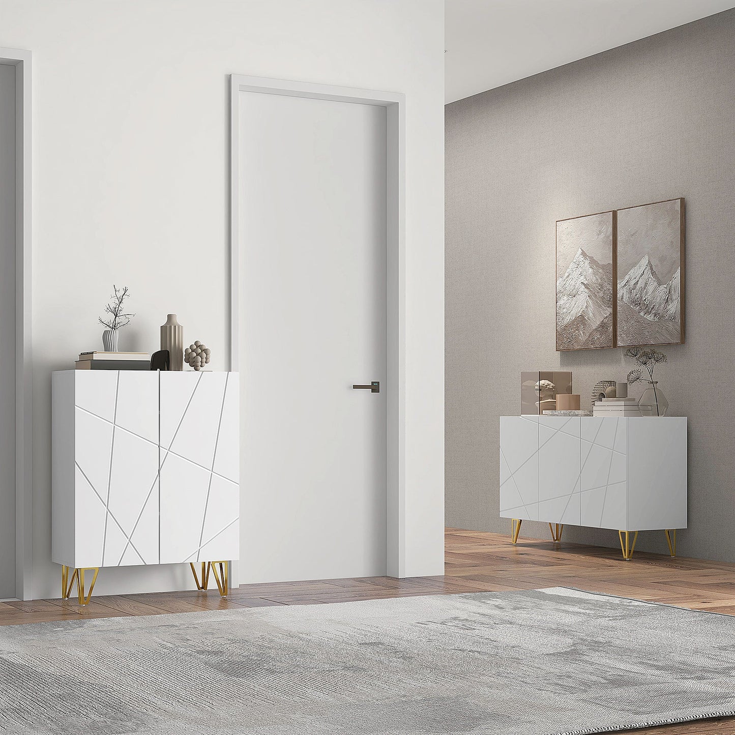 HOMCOM Storage Cabinet with High Gloss, Freestanding Sideboard with Adjustable Shelves, Soft-Close Doors and Gold Tone Hairpin Legs for Living Room, Dining Room, Hallway, White