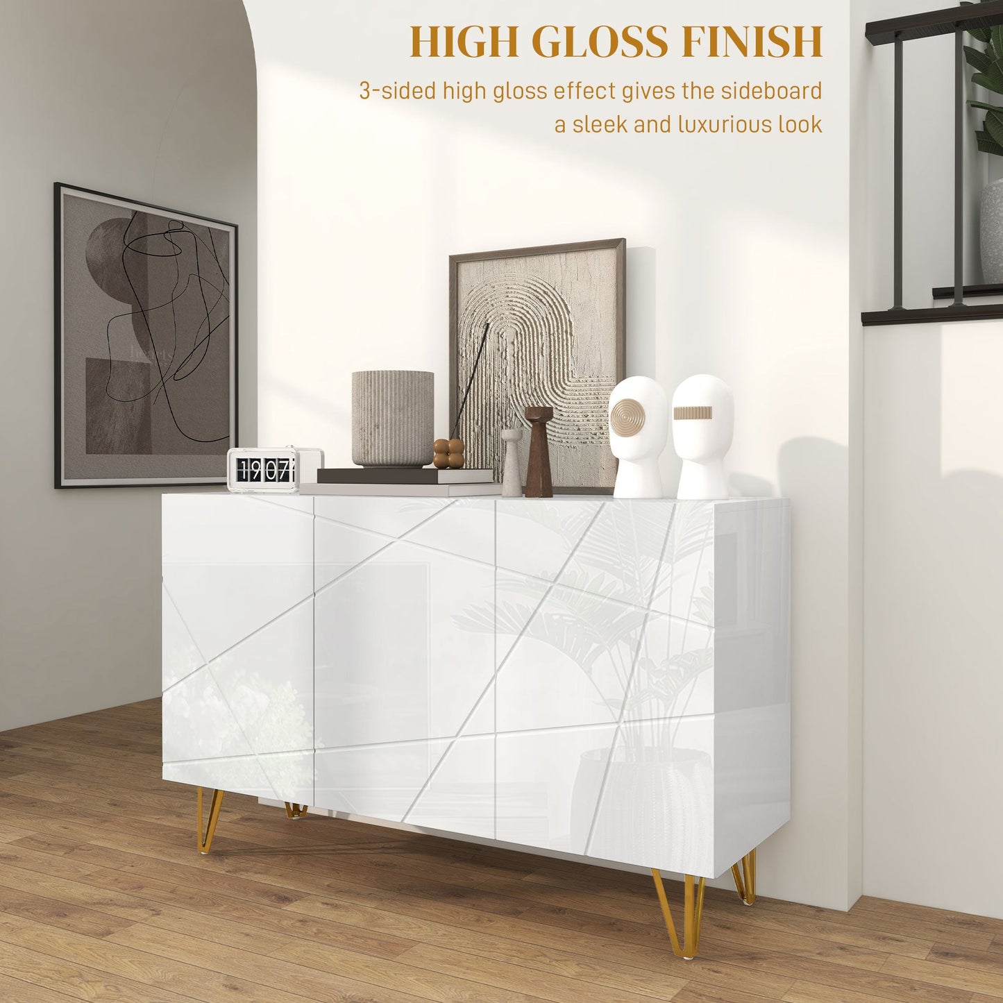 HOMCOM Storage Cabinet with High Gloss, Freestanding Sideboard with Adjustable Shelves, Soft-Close Doors and Gold Tone Hairpin Legs for Living Room, Dining Room, Hallway, White
