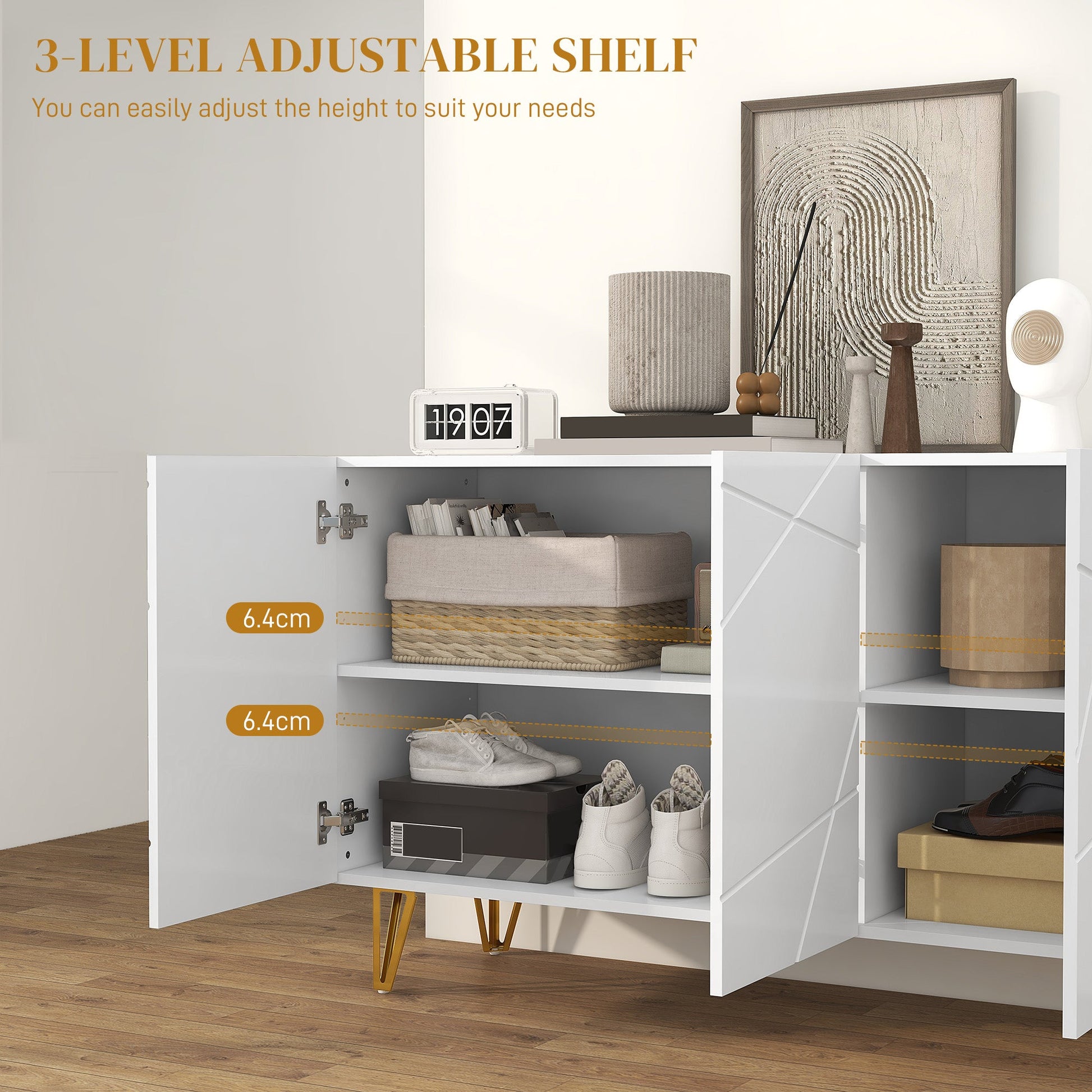 HOMCOM Storage Cabinet with High Gloss, Freestanding Sideboard with Adjustable Shelves, Soft-Close Doors and Gold Tone Hairpin Legs for Living Room, Dining Room, Hallway, White