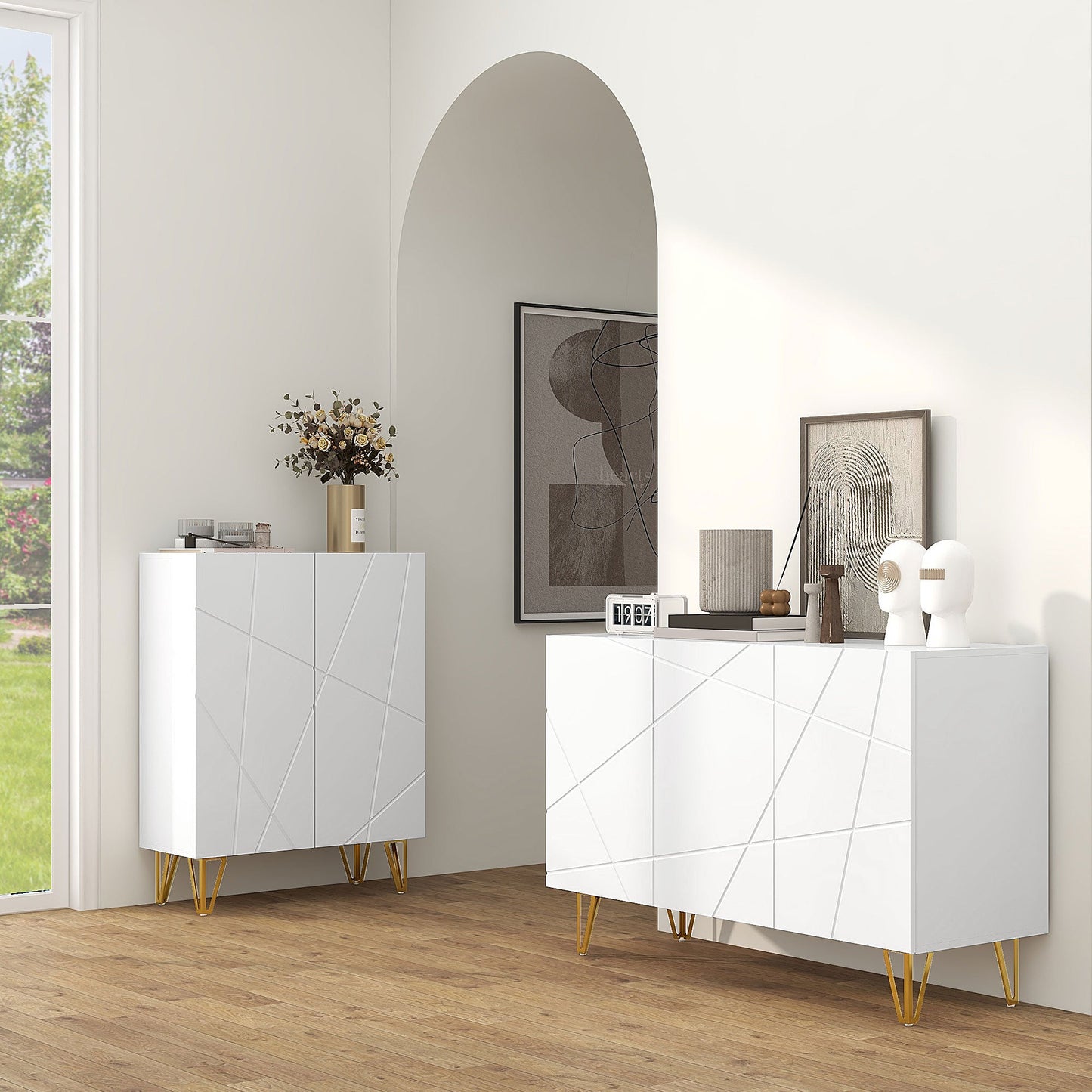 HOMCOM Storage Cabinet with High Gloss, Freestanding Sideboard with Adjustable Shelves, Soft-Close Doors and Gold Tone Hairpin Legs for Living Room, Dining Room, Hallway, White